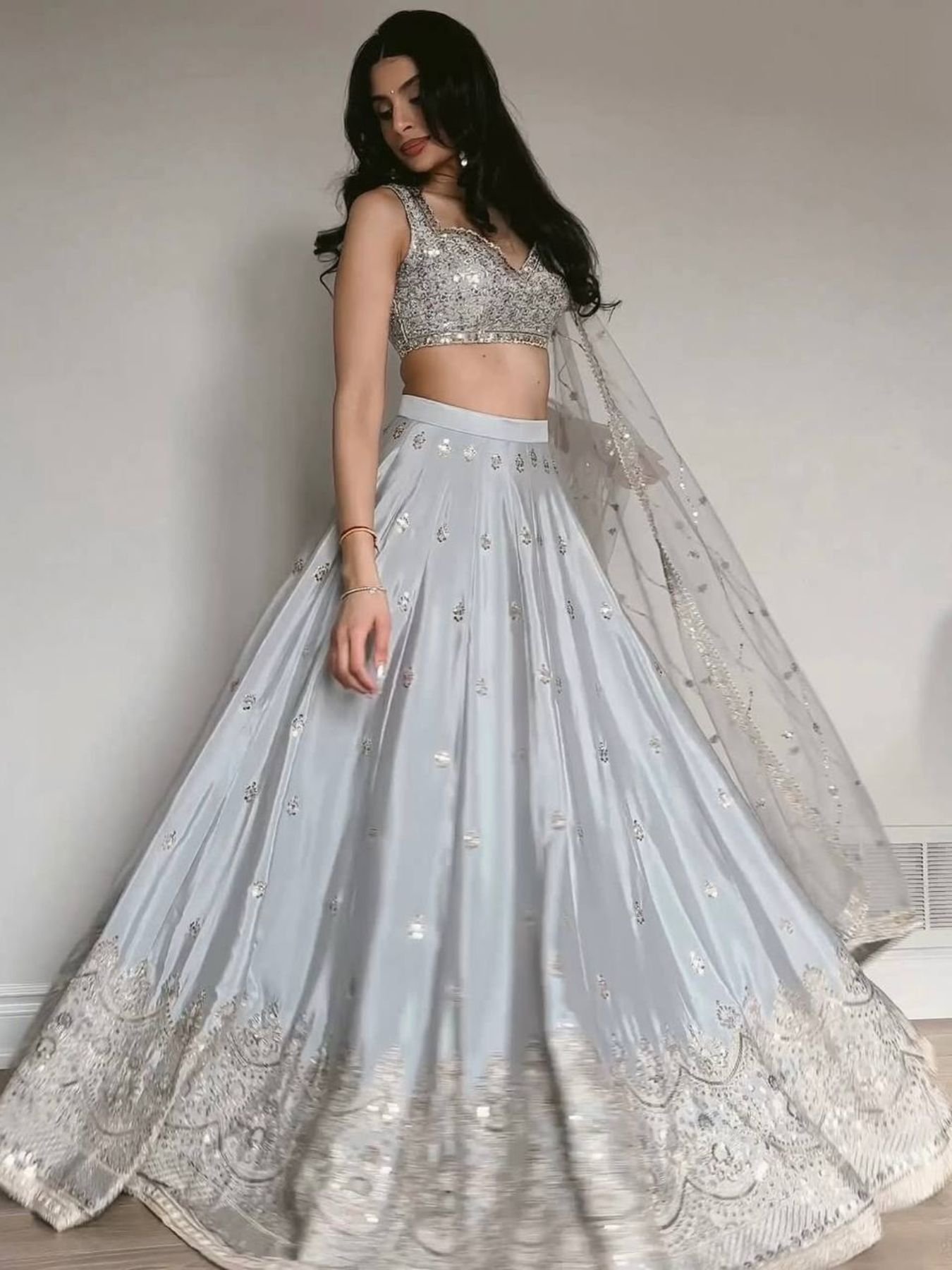 Gray Japan Satin Sequin Wedding Lehenga Set — view 1