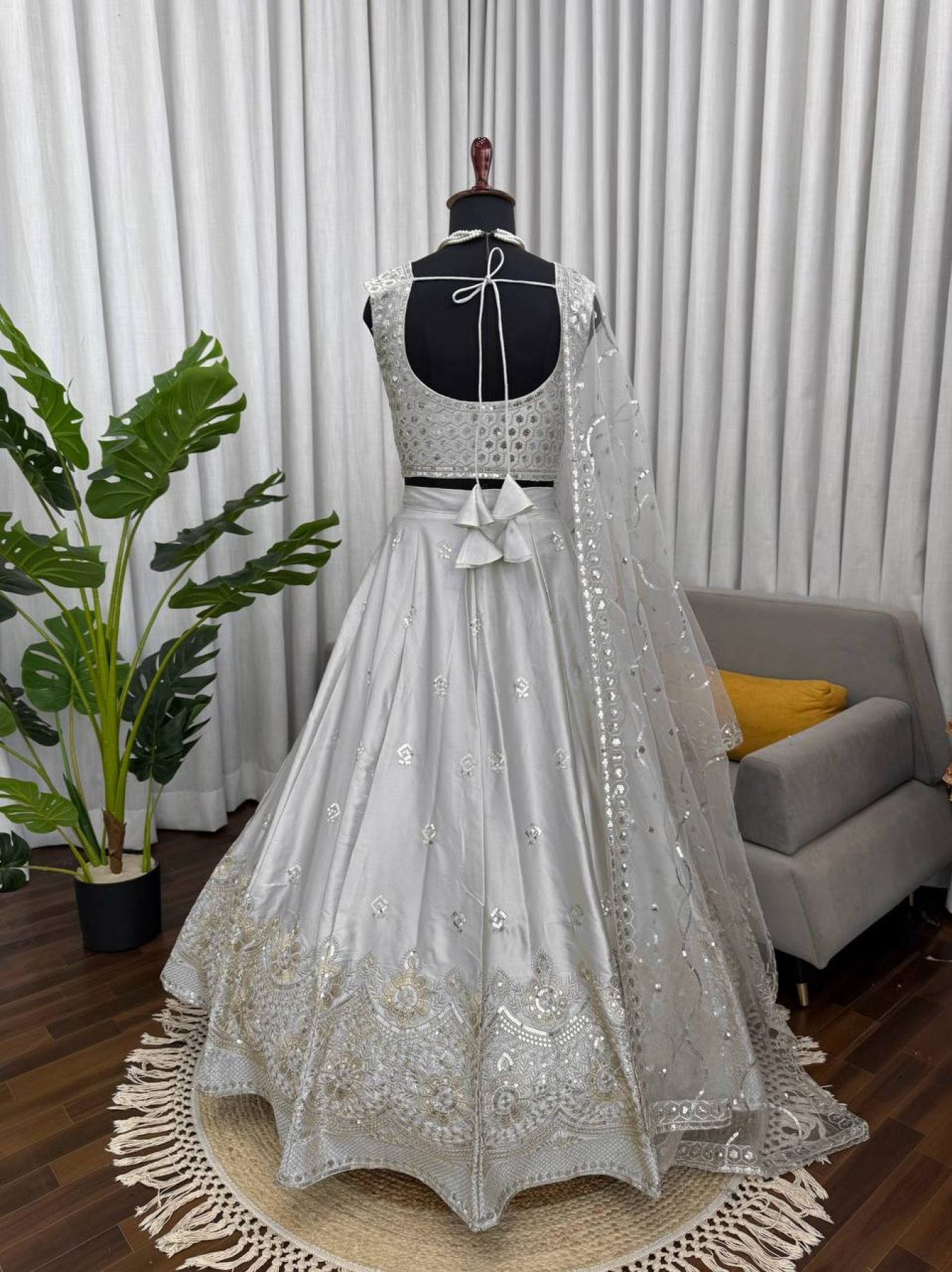 Gray Japan Satin Sequin Wedding Lehenga Set — view 11