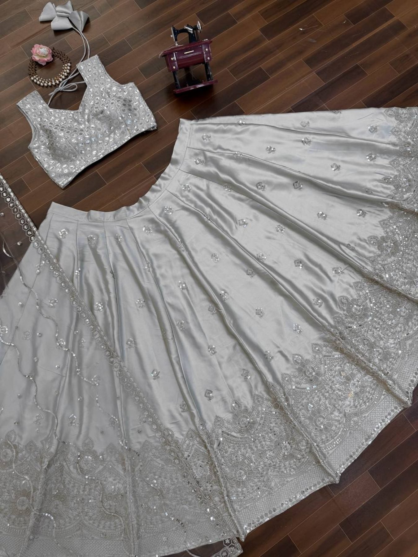Gray Japan Satin Sequin Wedding Lehenga Set — view 12