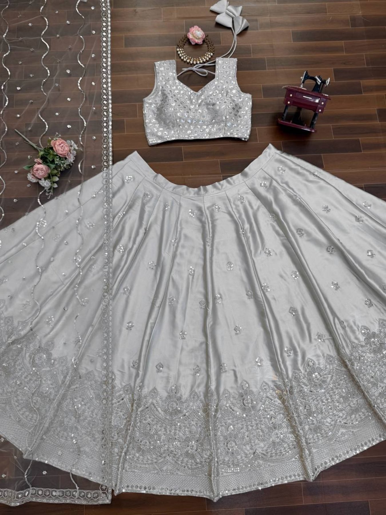 Gray Japan Satin Sequin Wedding Lehenga Set — view 13