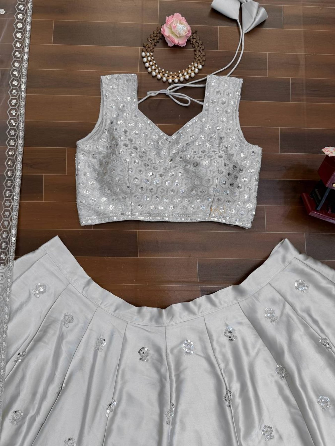 Gray Japan Satin Sequin Wedding Lehenga Set — view 14