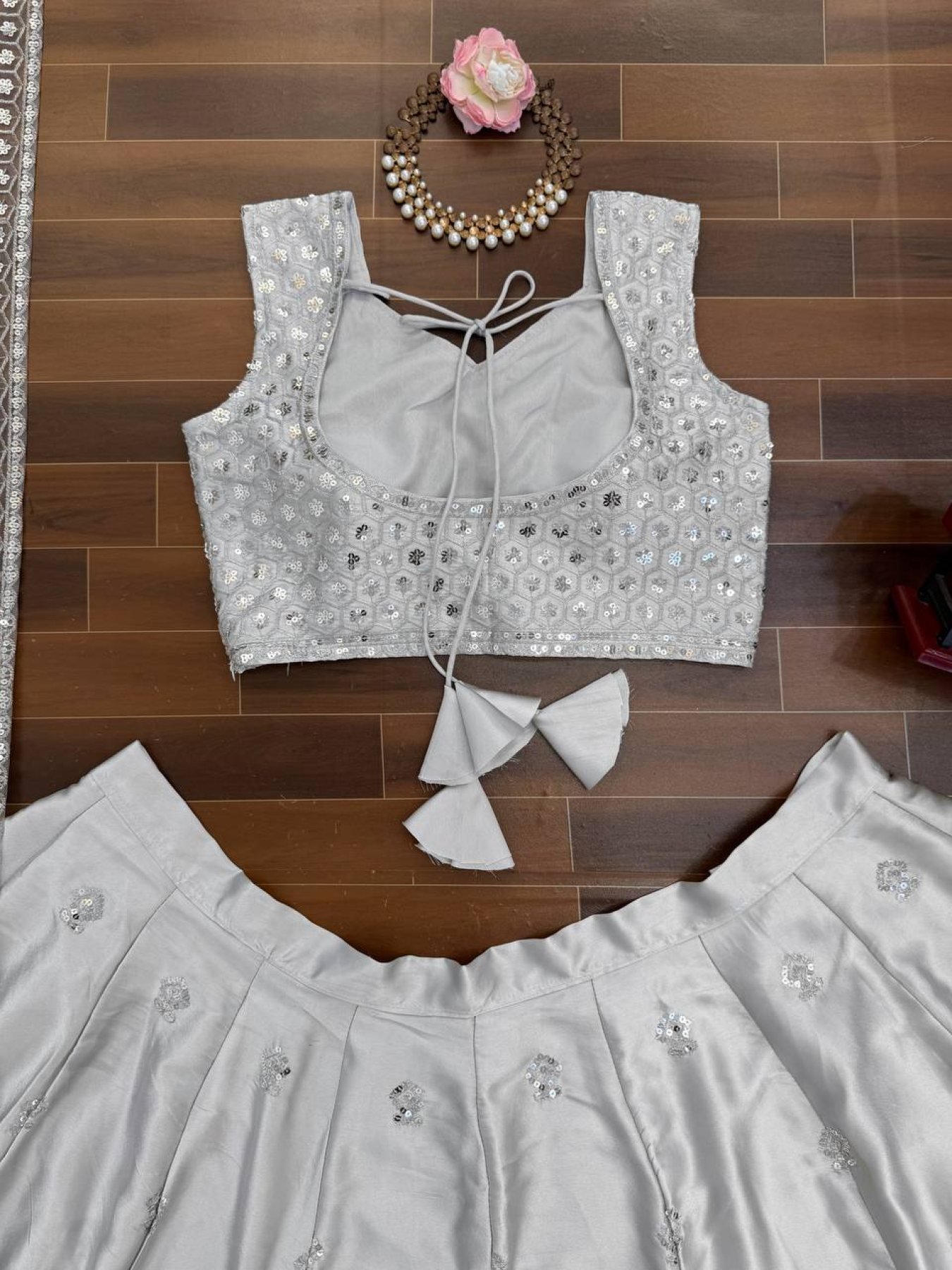 Gray Japan Satin Sequin Wedding Lehenga Set — view 15