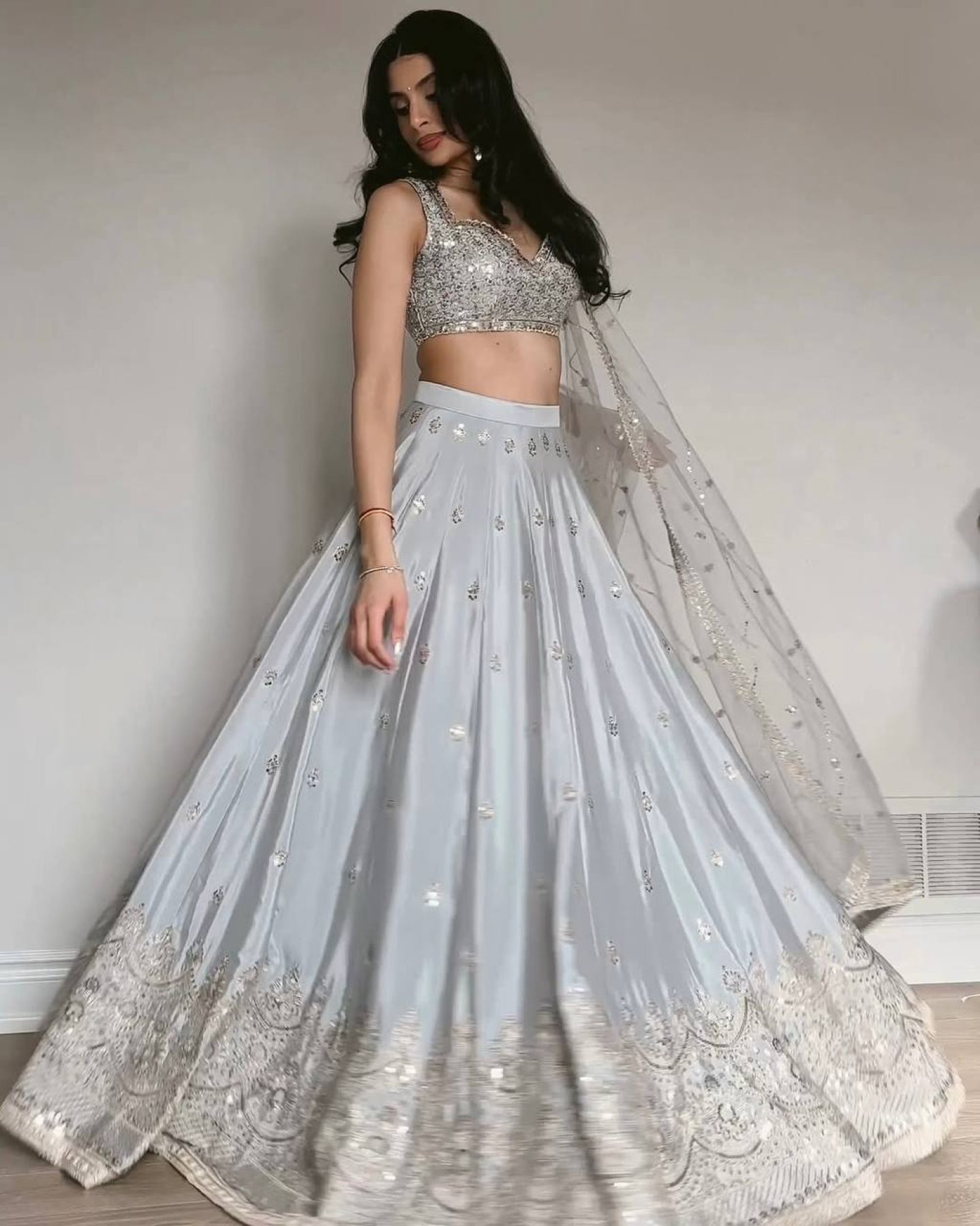 Gray Japan Satin Sequin Wedding Lehenga Set — view 5