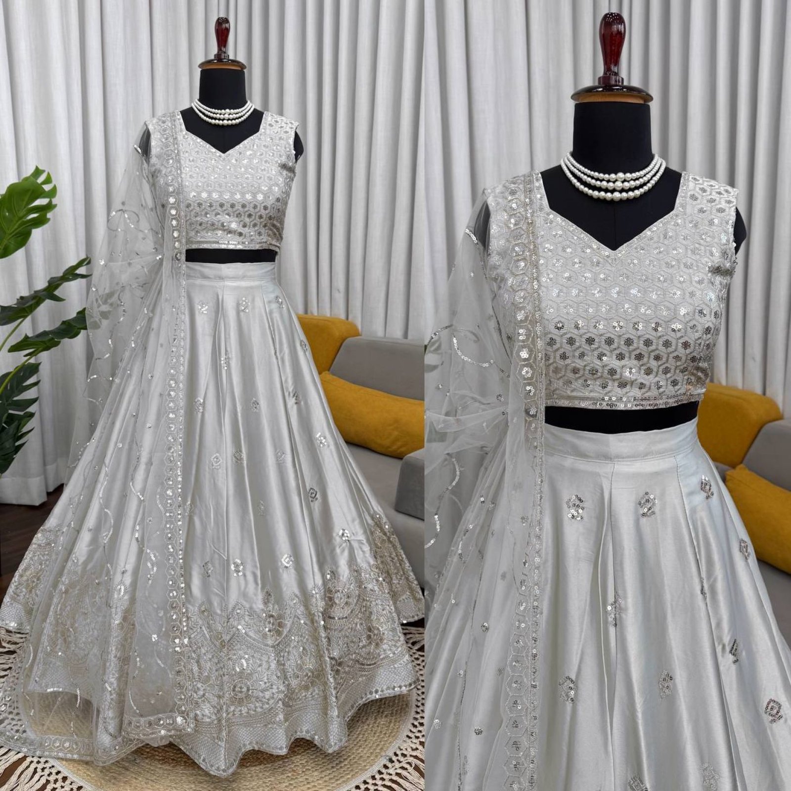 Gray Japan Satin Sequin Wedding Lehenga Set — view 6