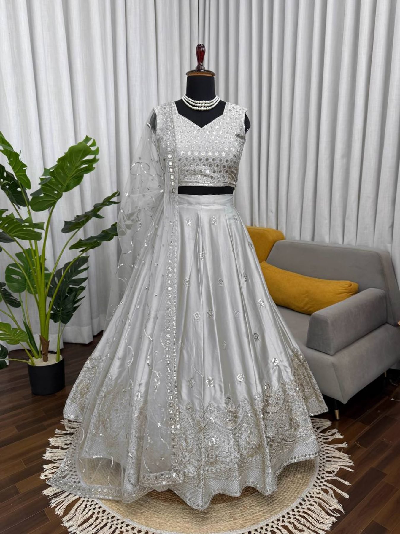 Gray Japan Satin Sequin Wedding Lehenga Set — view 7
