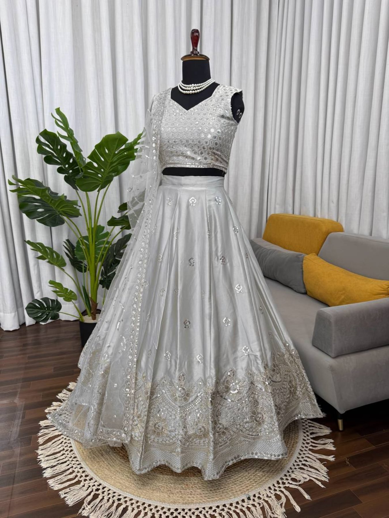 Gray Japan Satin Sequin Wedding Lehenga Set — view 8