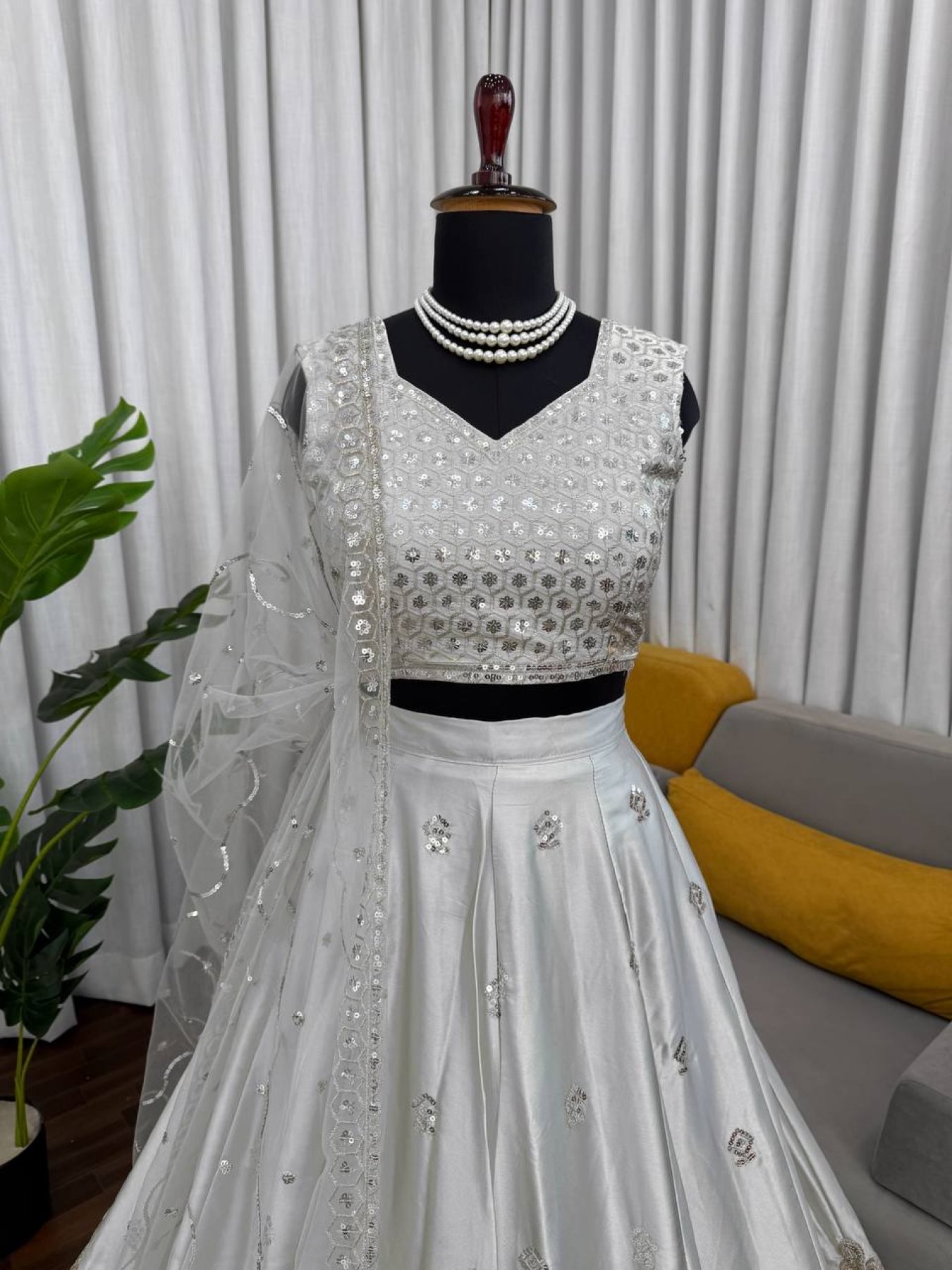 Gray Japan Satin Sequin Wedding Lehenga Set — view 9