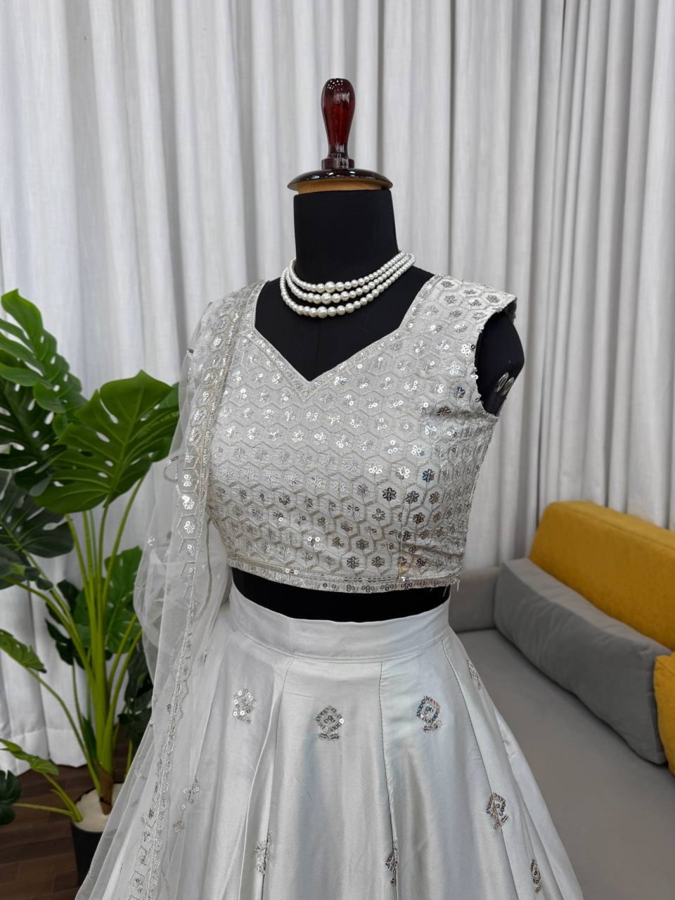 Gray Japan Satin Sequin Wedding Lehenga Set — view 10