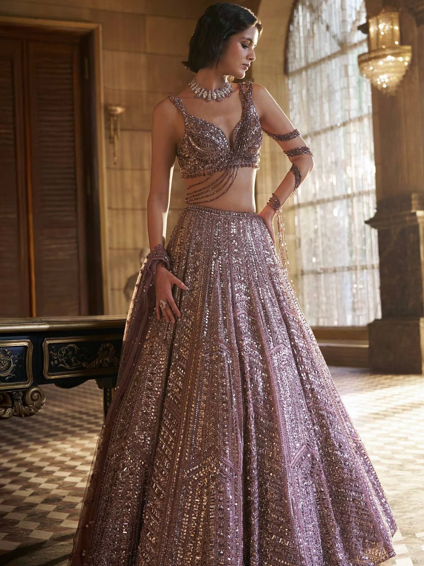 Purple Kasturi Silk Sequin Wedding Lehenga Set — view 1