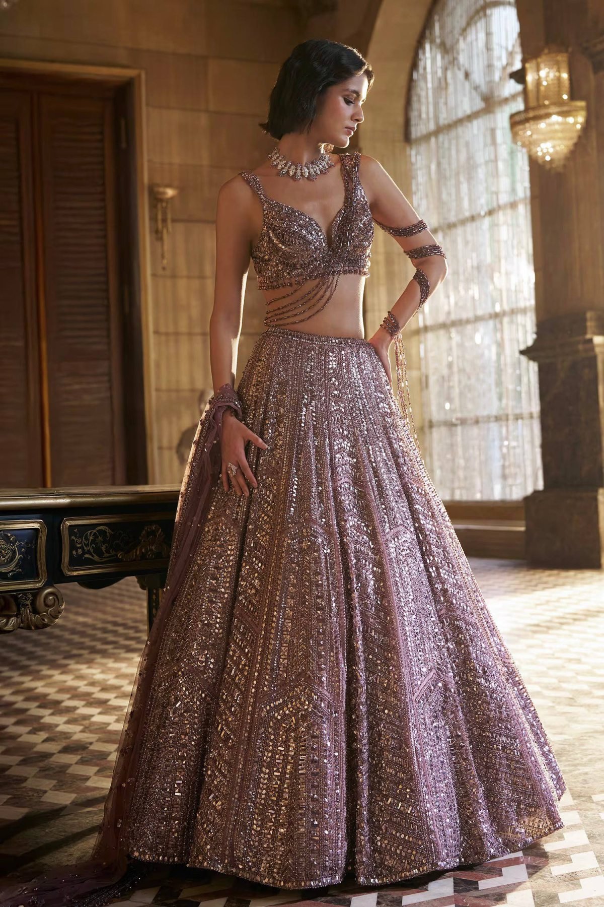 Purple Kasturi Silk Sequin Wedding Lehenga Set — view 2