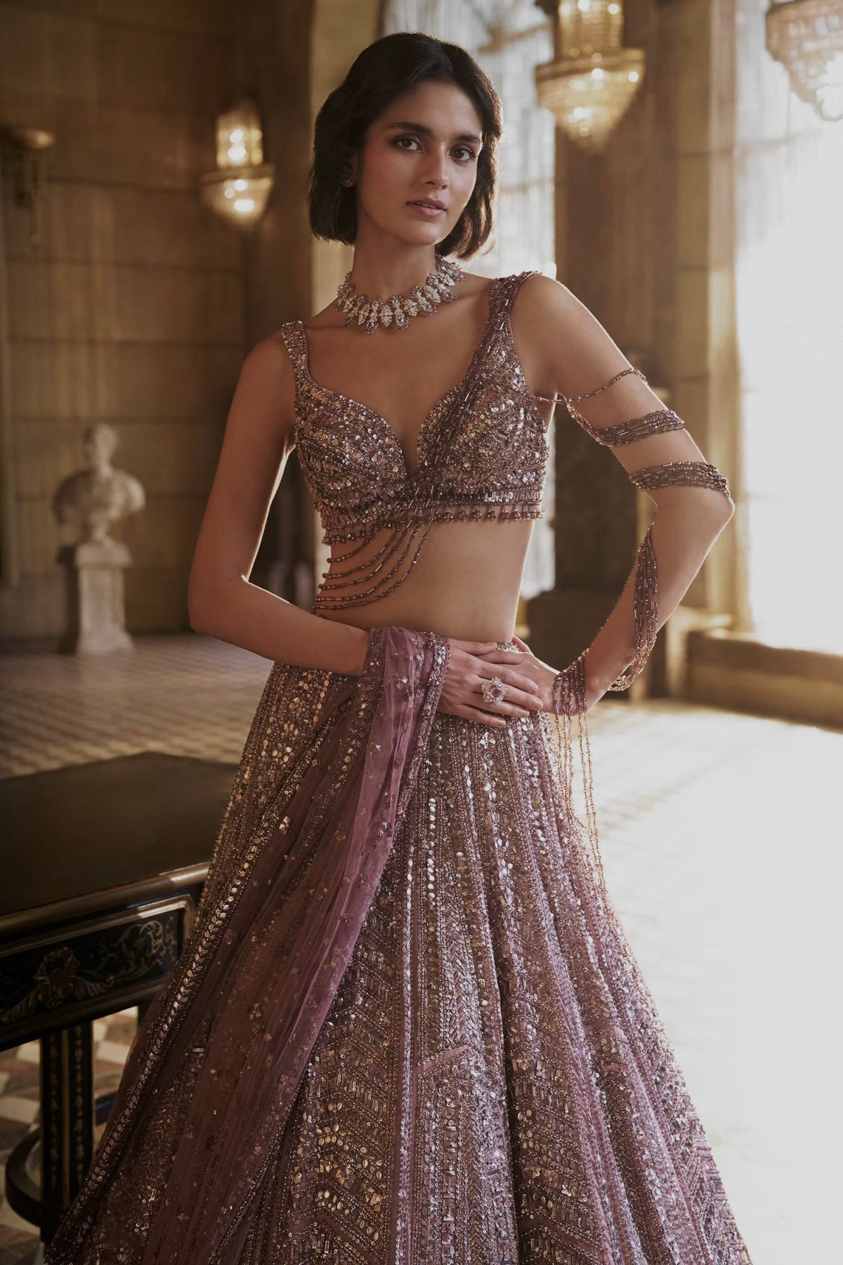 Purple Kasturi Silk Sequin Wedding Lehenga Set — view 3