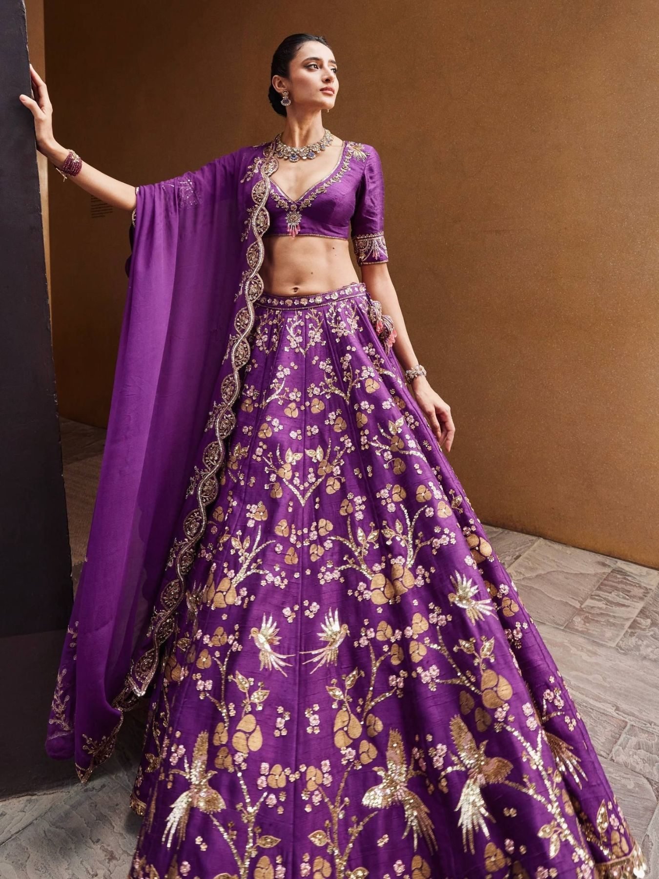 Purple Thai Silk Sequin Wedding Lehenga Set — view 1