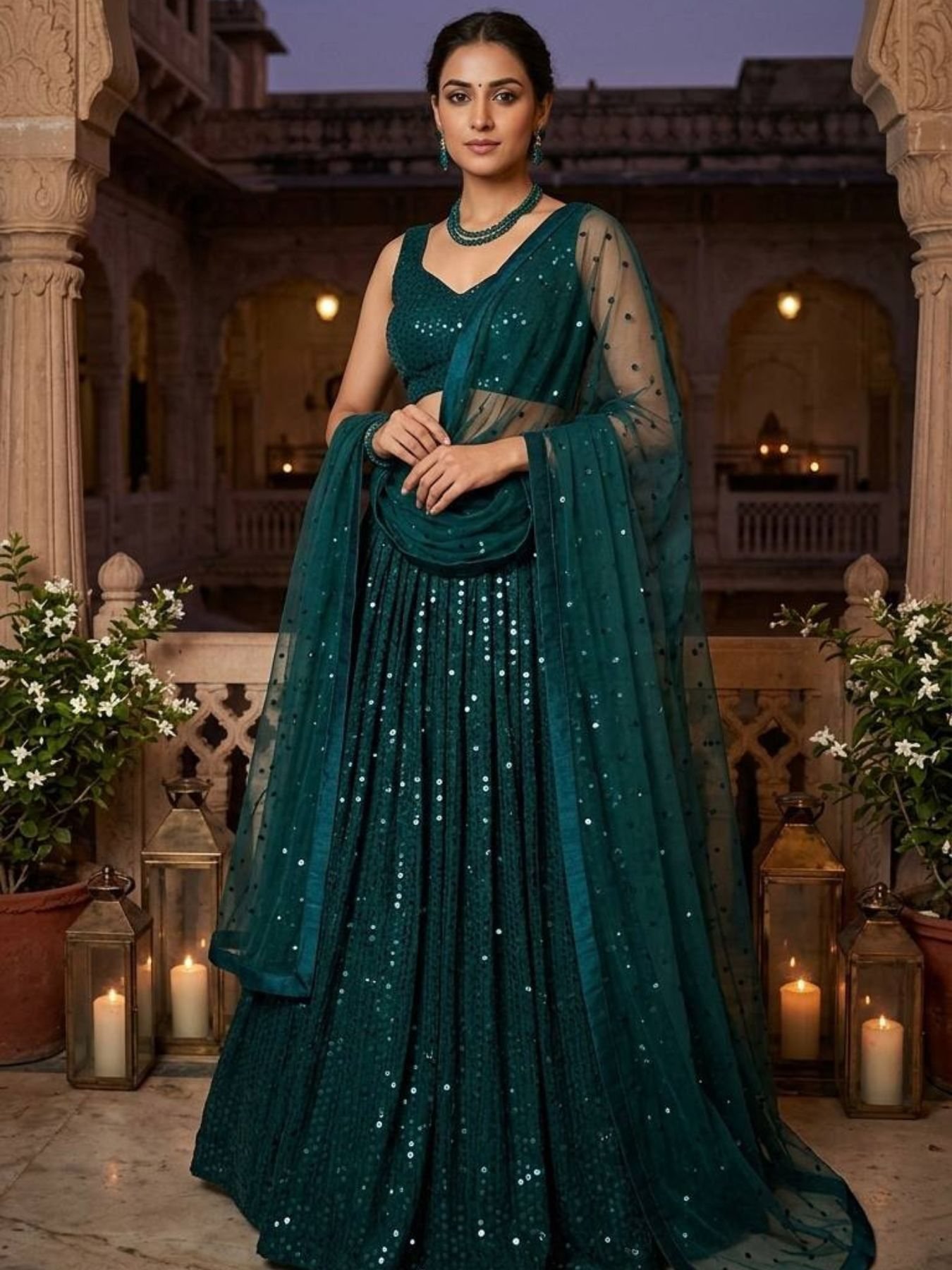 Green Georgette Sequin Wedding Lehenga Set — view 1
