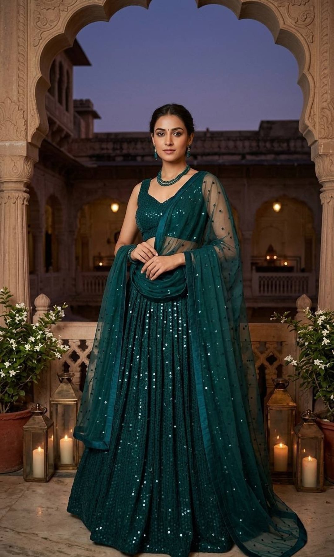 Green Georgette Sequin Wedding Lehenga Set — view 2