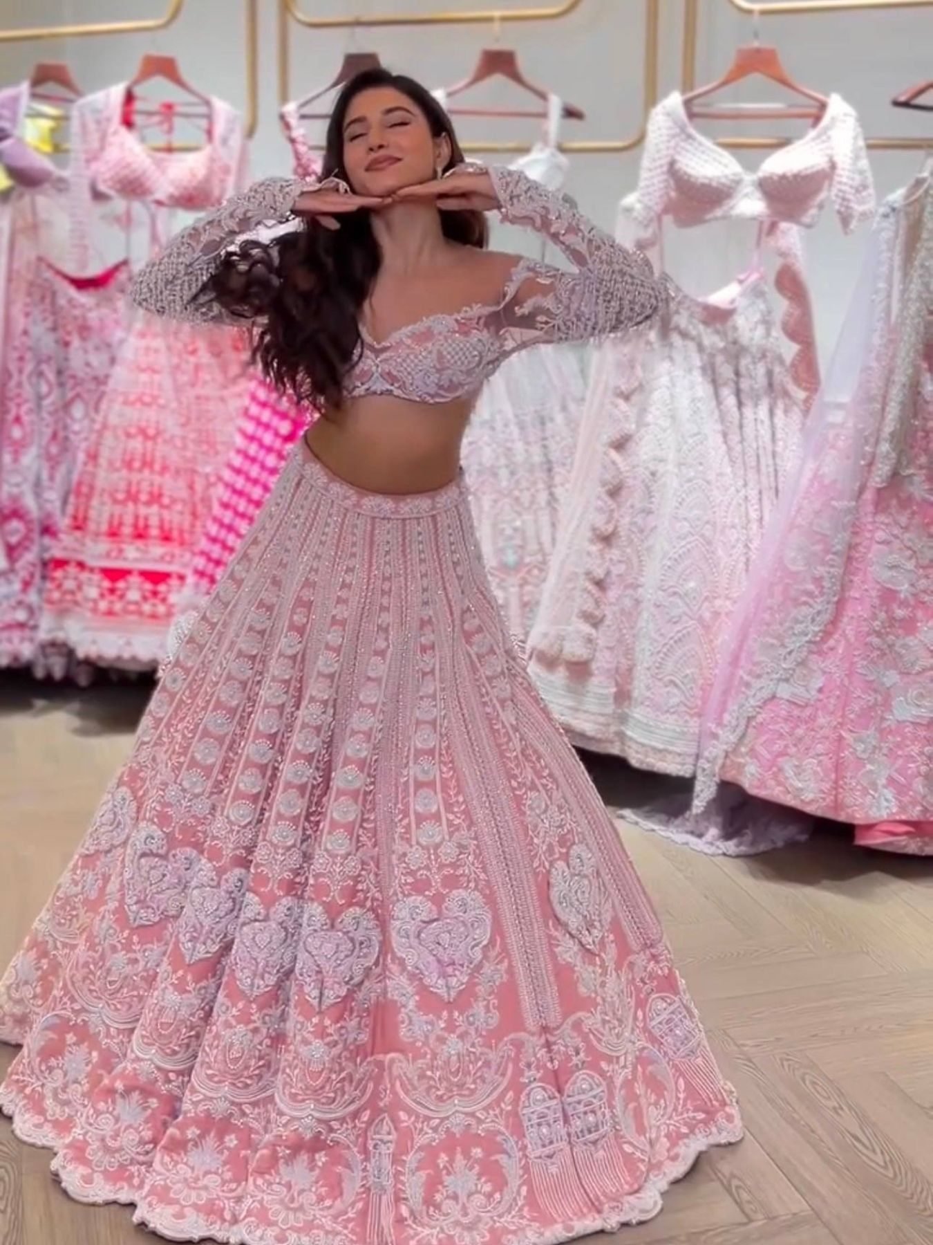 Pink Sequin Wedding Lehenga Set — view 1