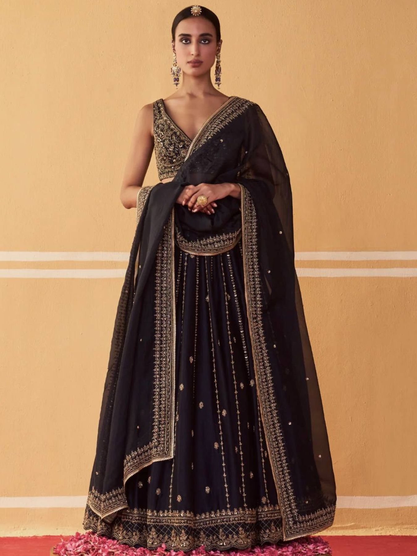 Black Crepe Silk Sequin Wedding Lehenga Set — view 1