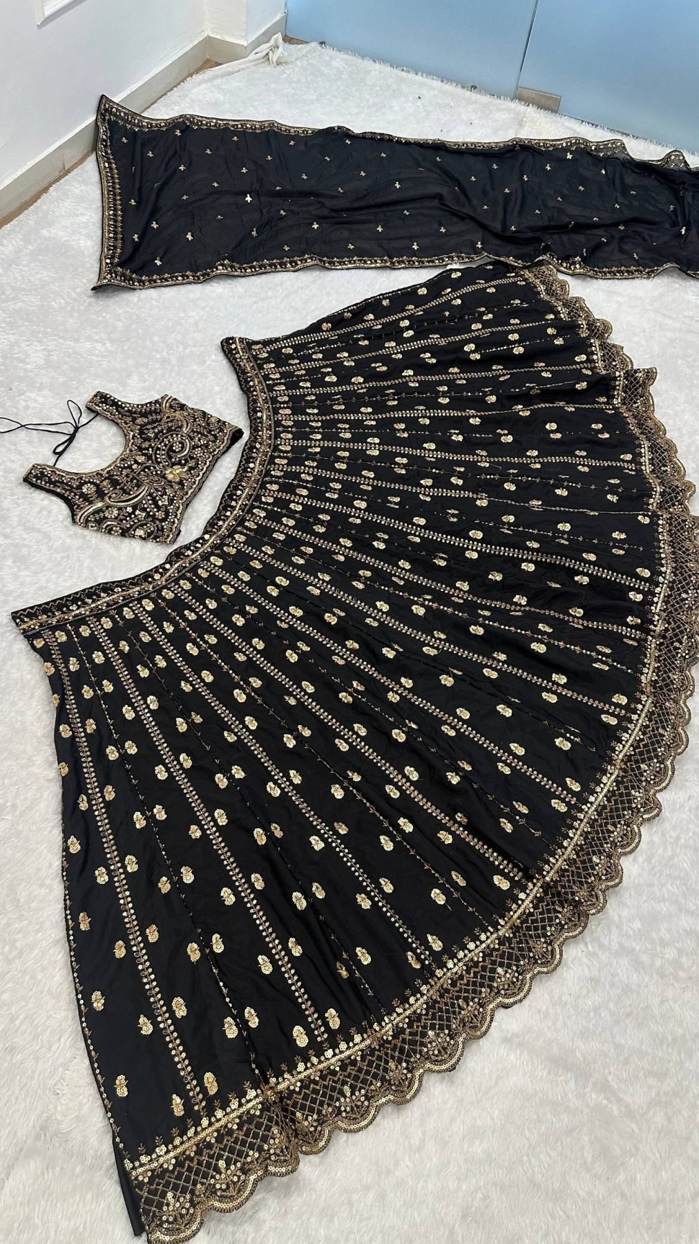 Black Crepe Silk Sequin Wedding Lehenga Set — view 12