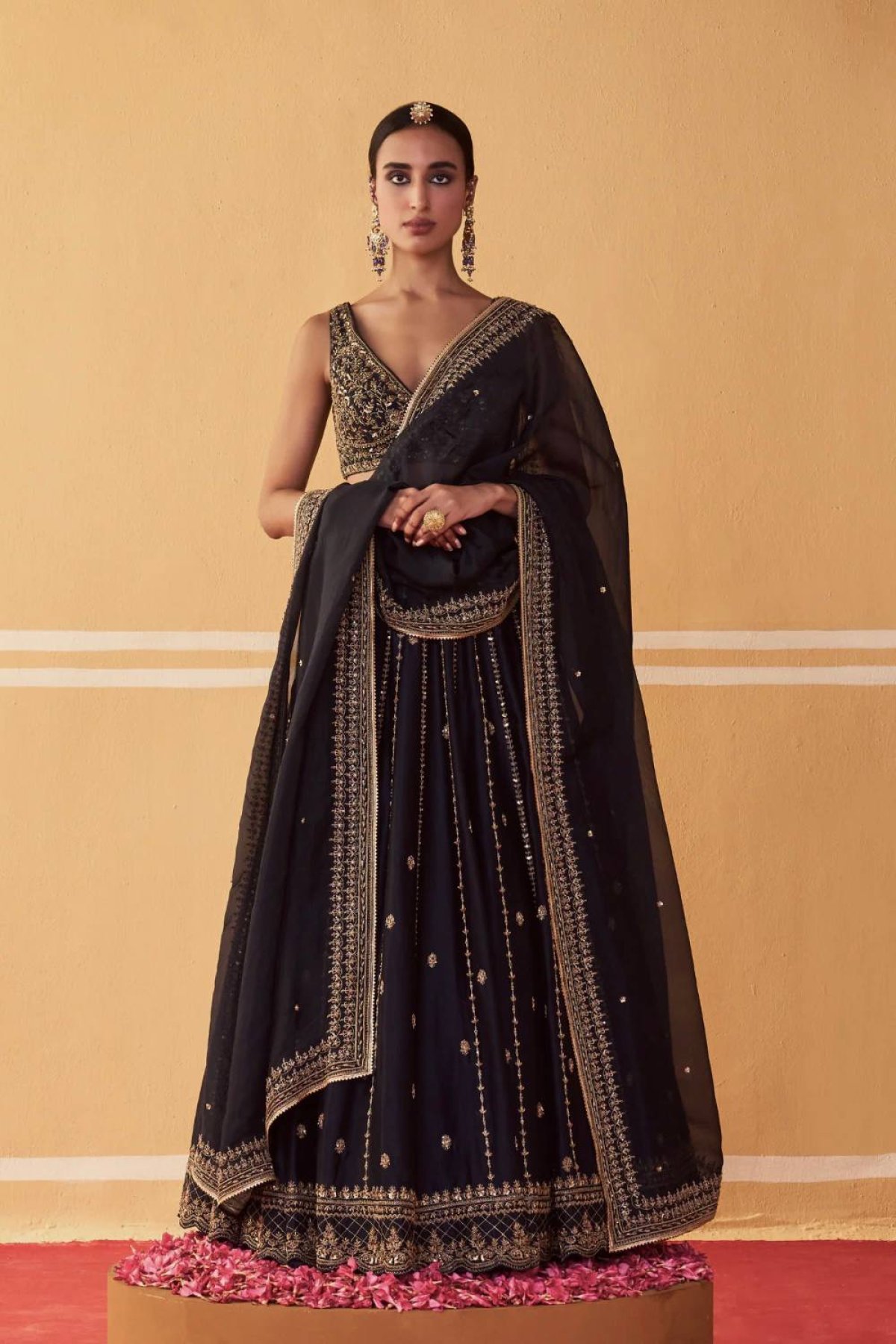 Black Crepe Silk Sequin Wedding Lehenga Set — view 3