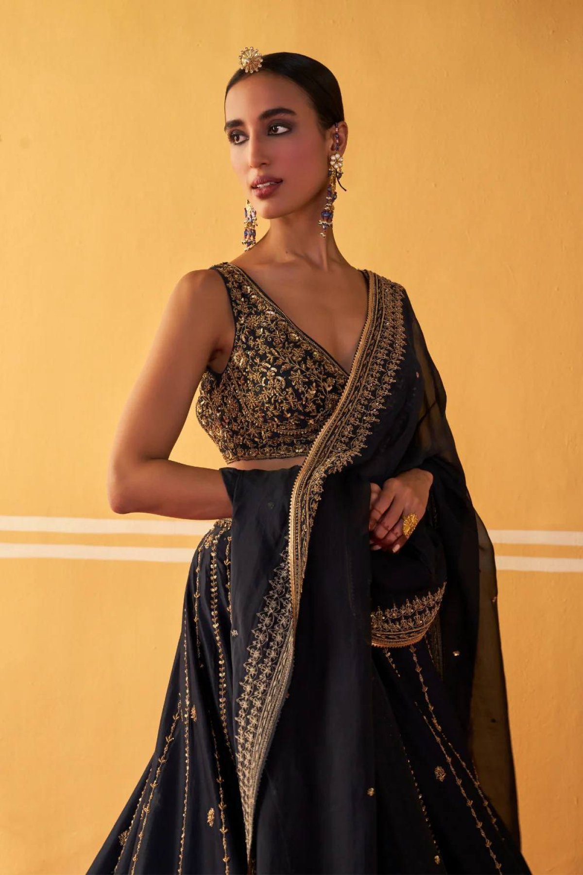 Black Crepe Silk Sequin Wedding Lehenga Set — view 6