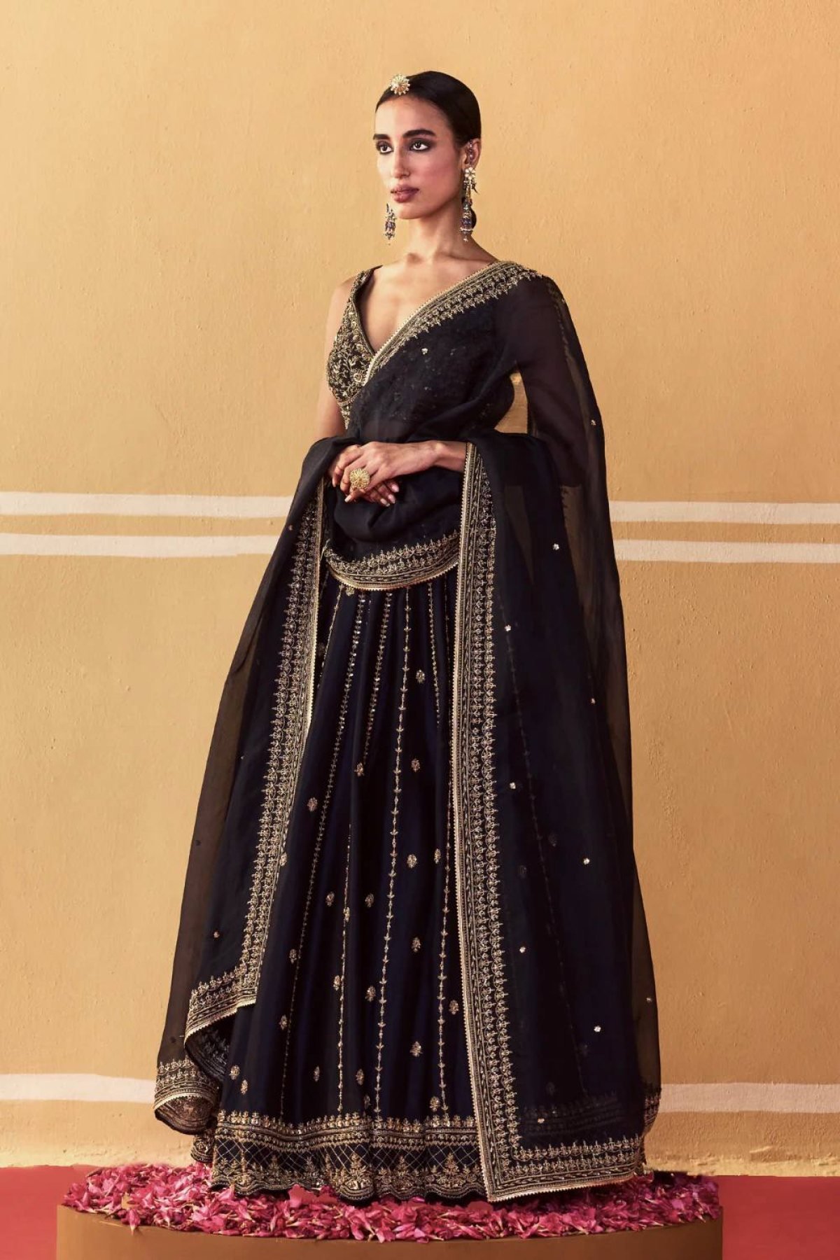 Black Crepe Silk Sequin Wedding Lehenga Set — view 8