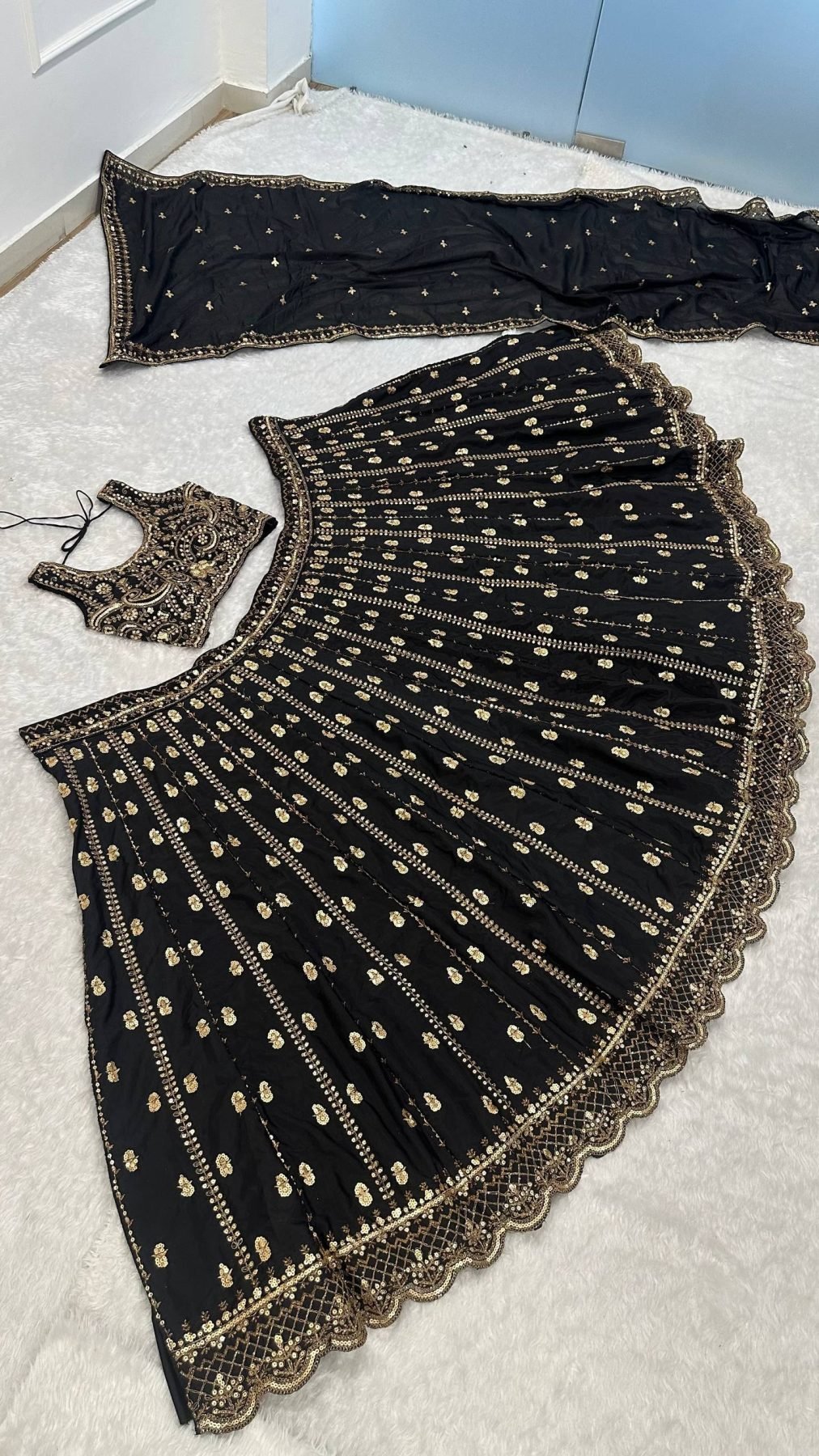 Black Crepe Silk Sequin Wedding Lehenga Set — view 10