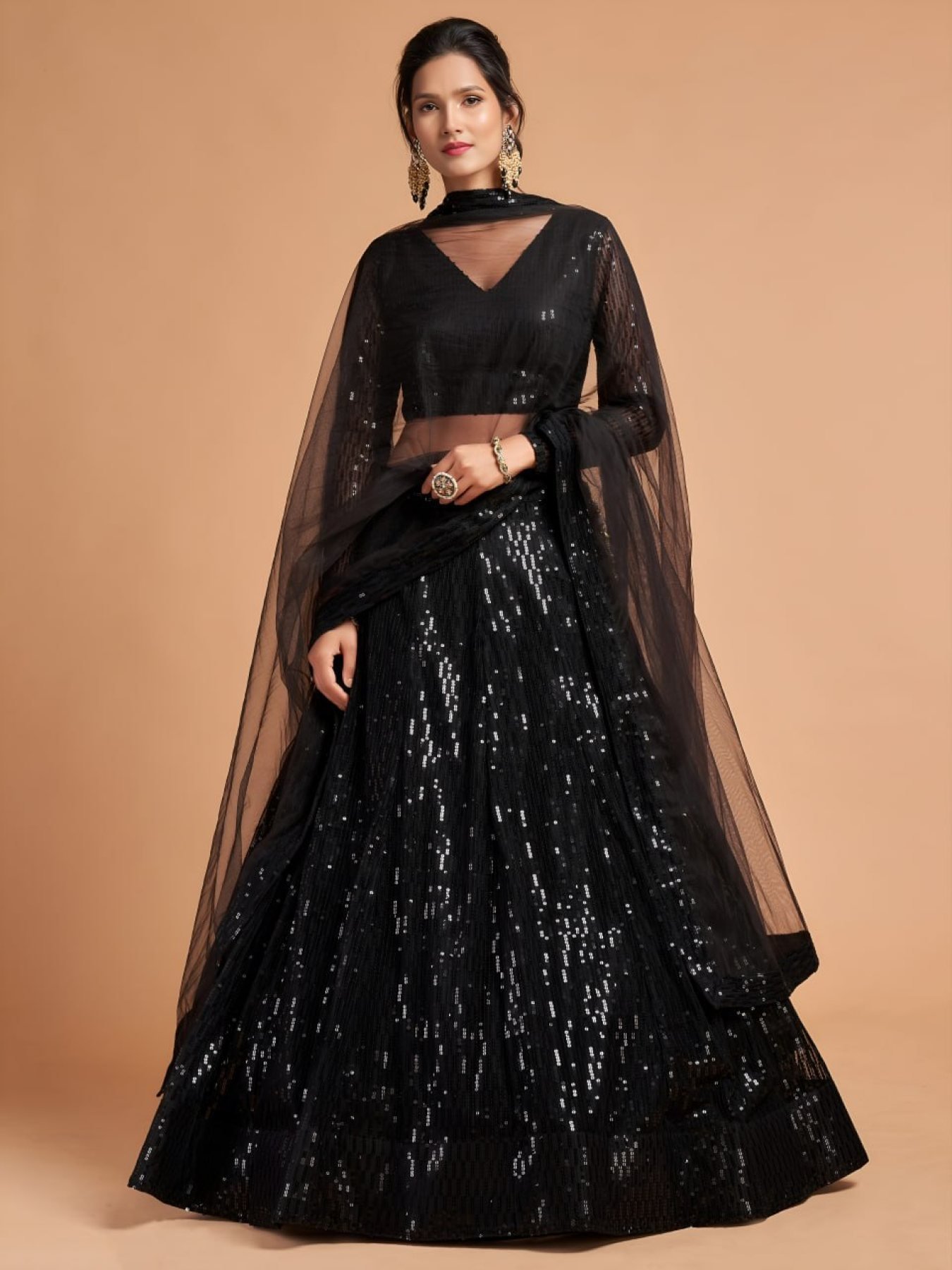 Black Soft Net Sequin Wedding Lehenga Set — view 2