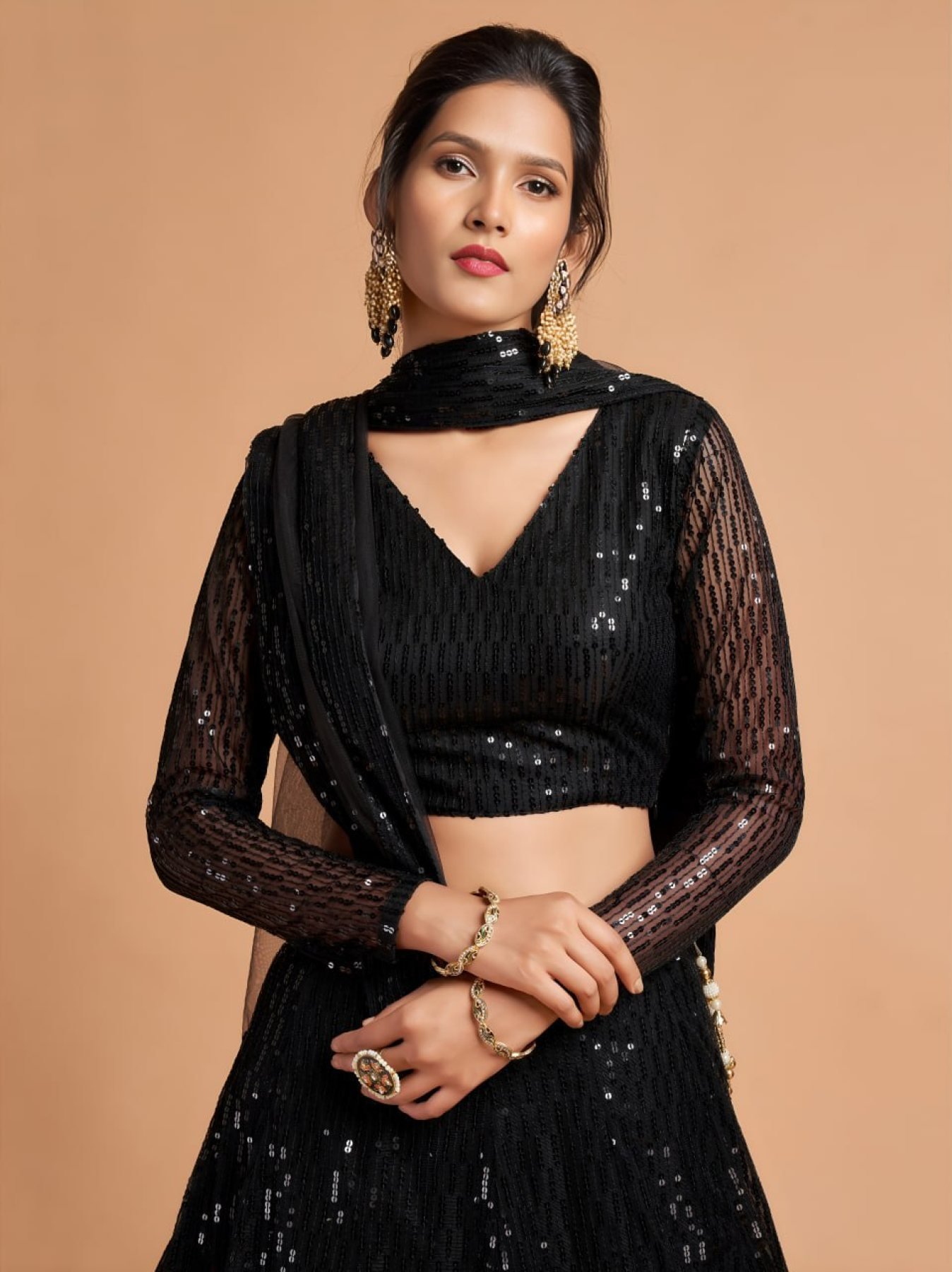 Black Soft Net Sequin Wedding Lehenga Set — view 3