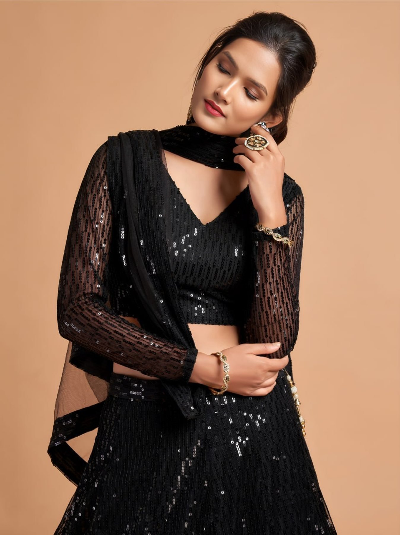 Black Soft Net Sequin Wedding Lehenga Set — view 4