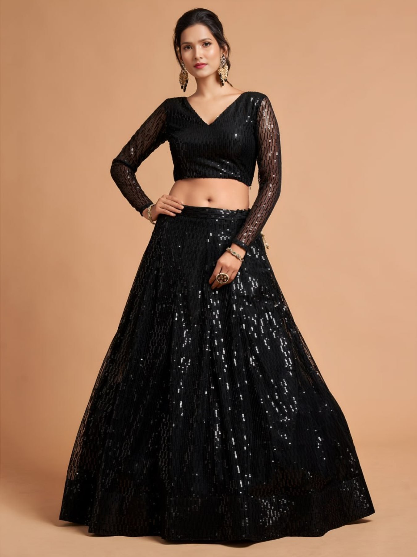 Black Soft Net Sequin Wedding Lehenga Set — view 6