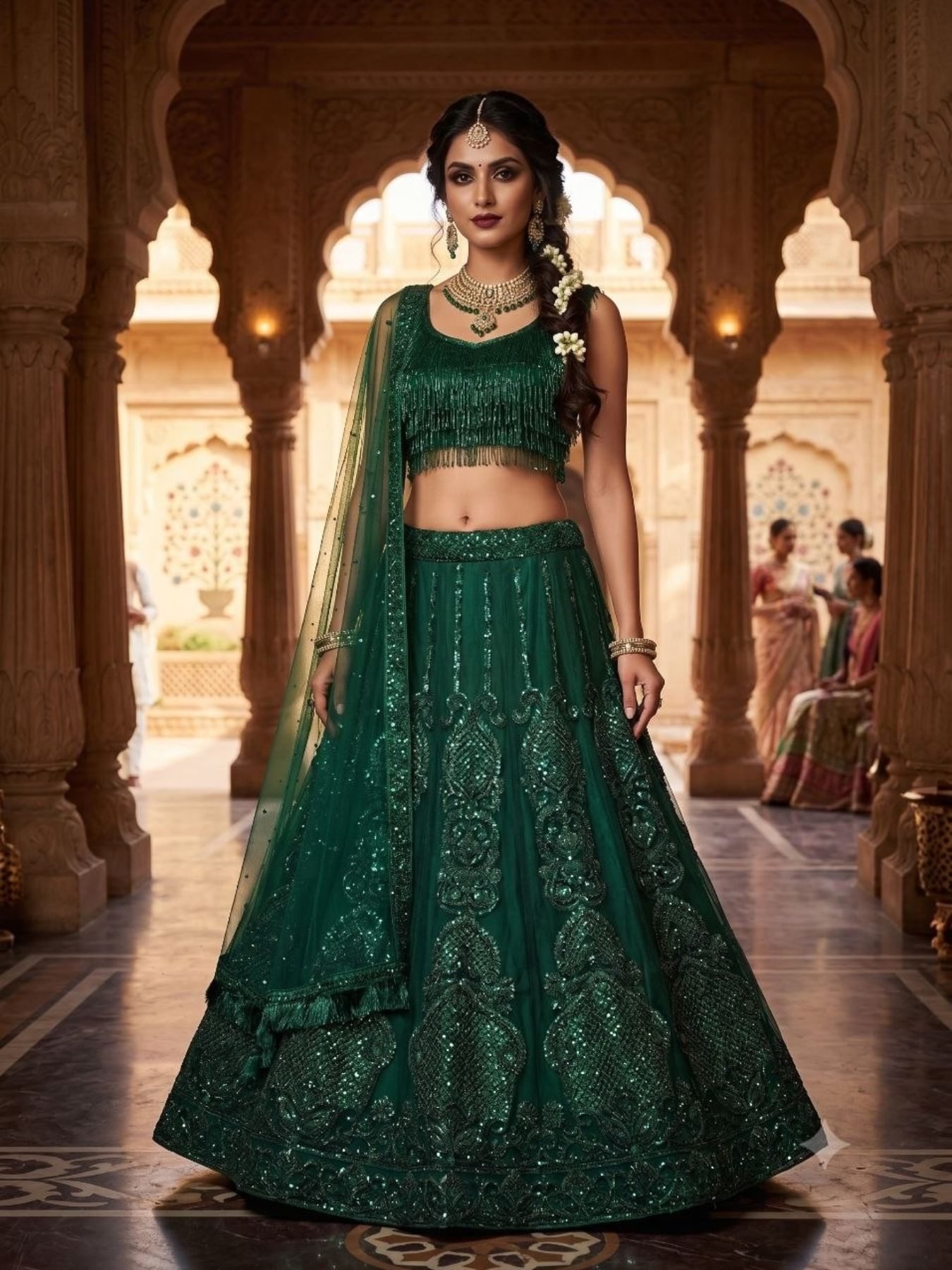 Green Multi Sequin Wedding Lehenga Set — view 1