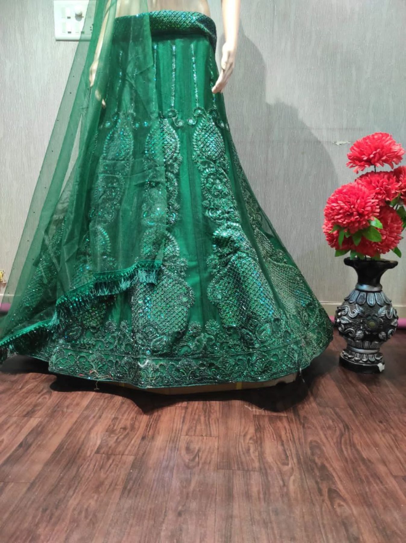 Green Multi Sequin Wedding Lehenga Set — view 12