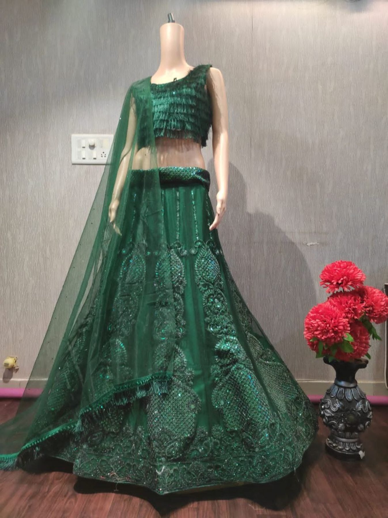 Green Multi Sequin Wedding Lehenga Set — view 16