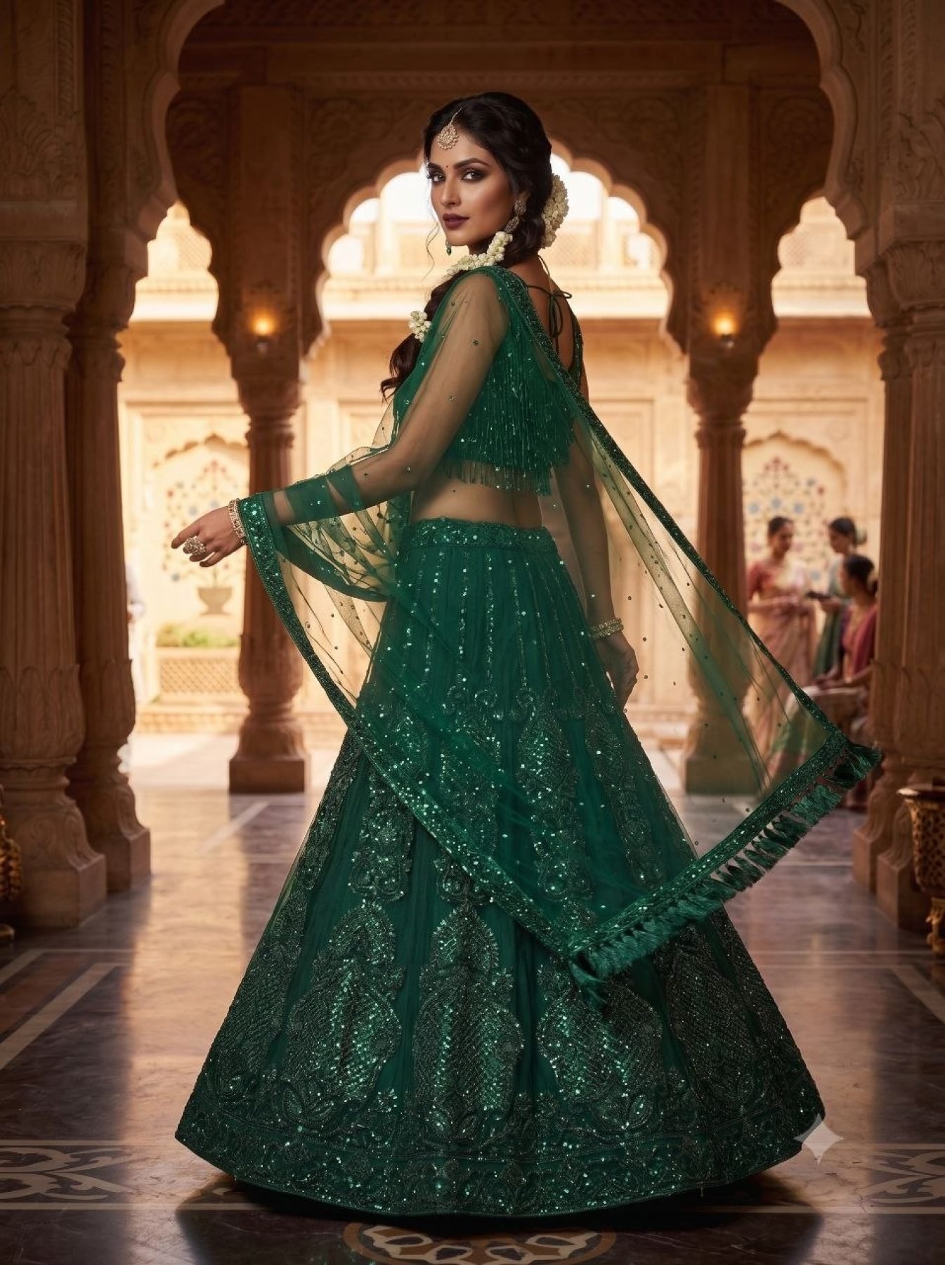 Green Multi Sequin Wedding Lehenga Set — view 3