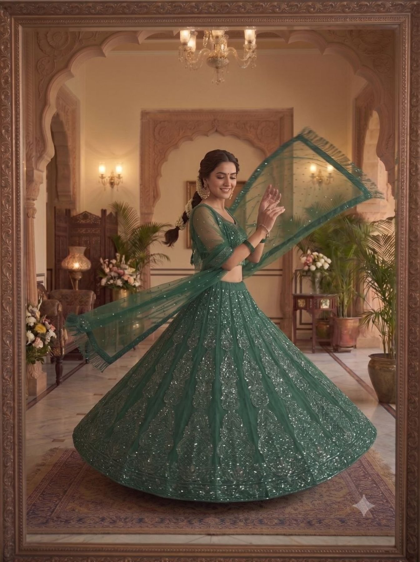 Green Multi Sequin Wedding Lehenga Set — view 9
