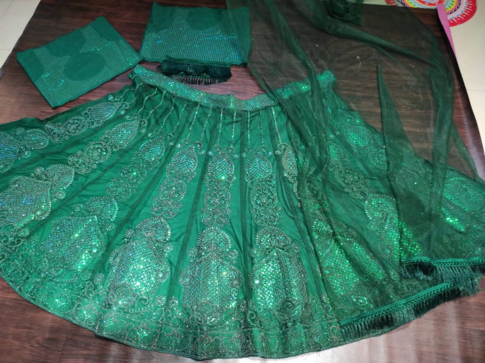 Green Multi Sequin Wedding Lehenga Set — view 10