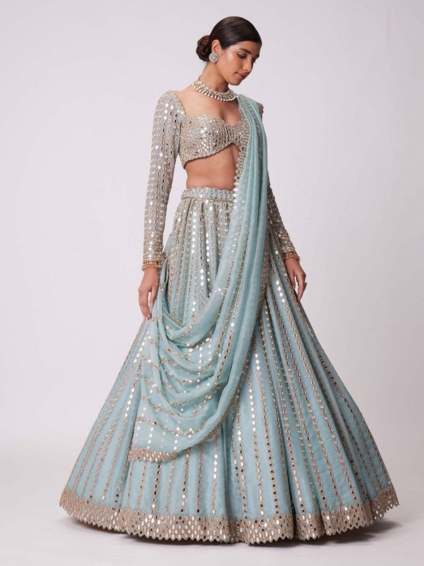 Blue Coding Mirror Wedding Lehenga Set — view 1