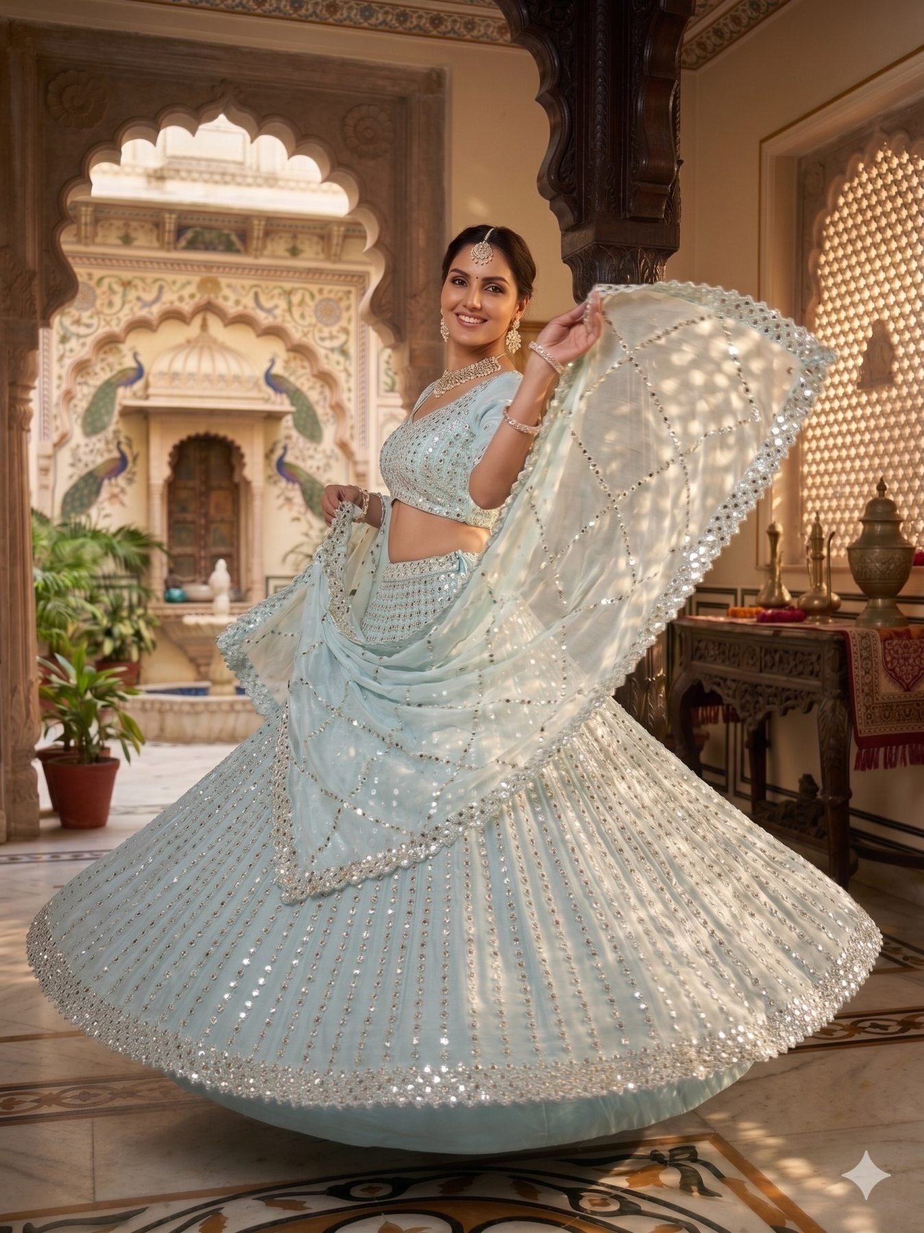 Blue Coding Mirror Wedding Lehenga Set — view 13