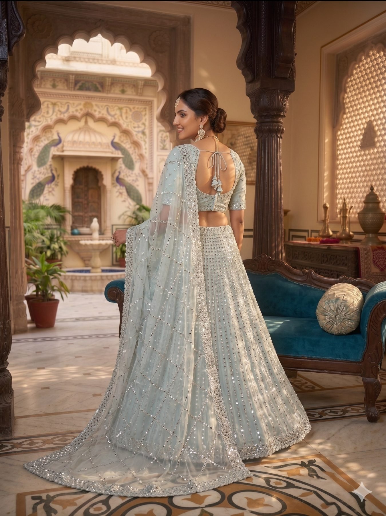Blue Coding Mirror Wedding Lehenga Set — view 14