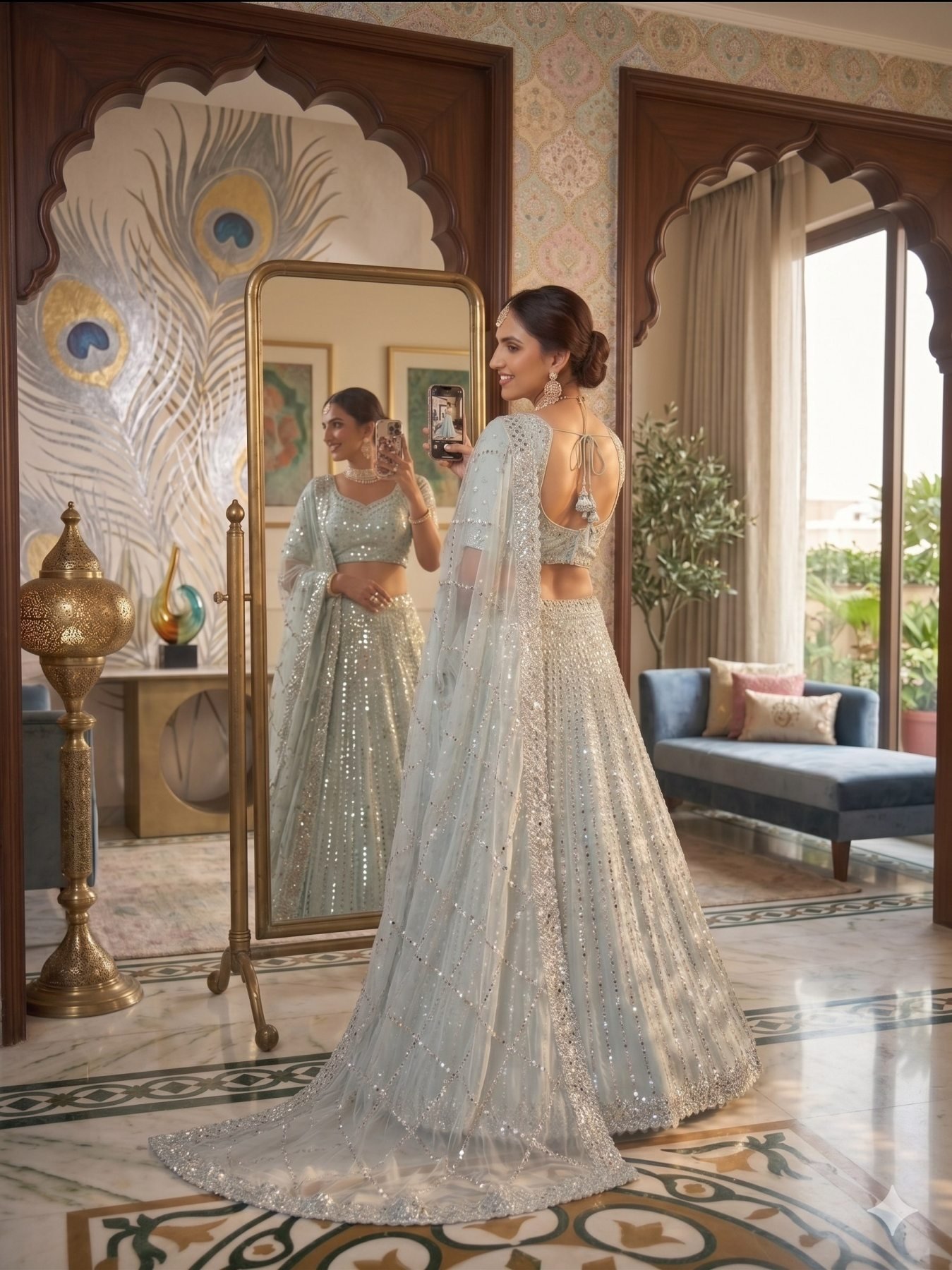Blue Coding Mirror Wedding Lehenga Set — view 17