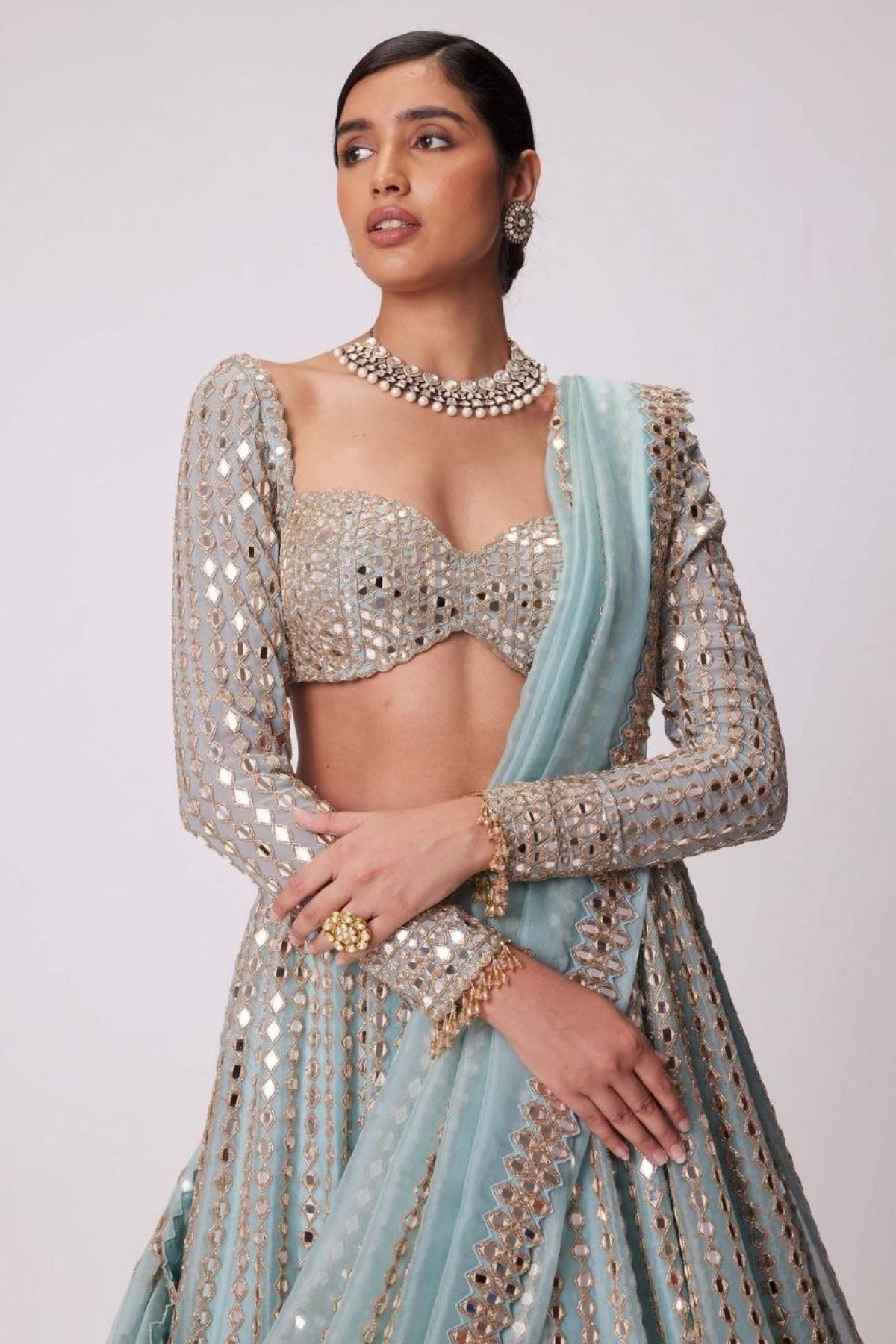 Blue Coding Mirror Wedding Lehenga Set — view 3