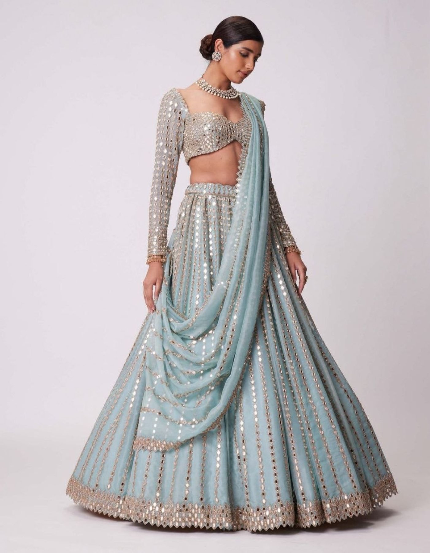 Blue Coding Mirror Wedding Lehenga Set — view 4