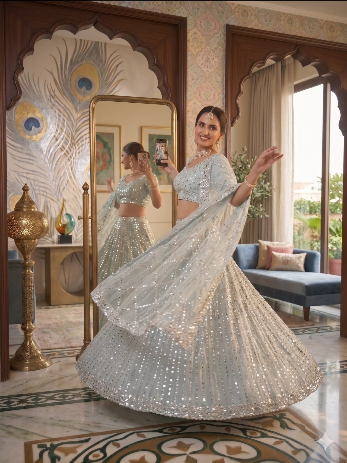 Blue Coding Mirror Wedding Lehenga Set — view 7