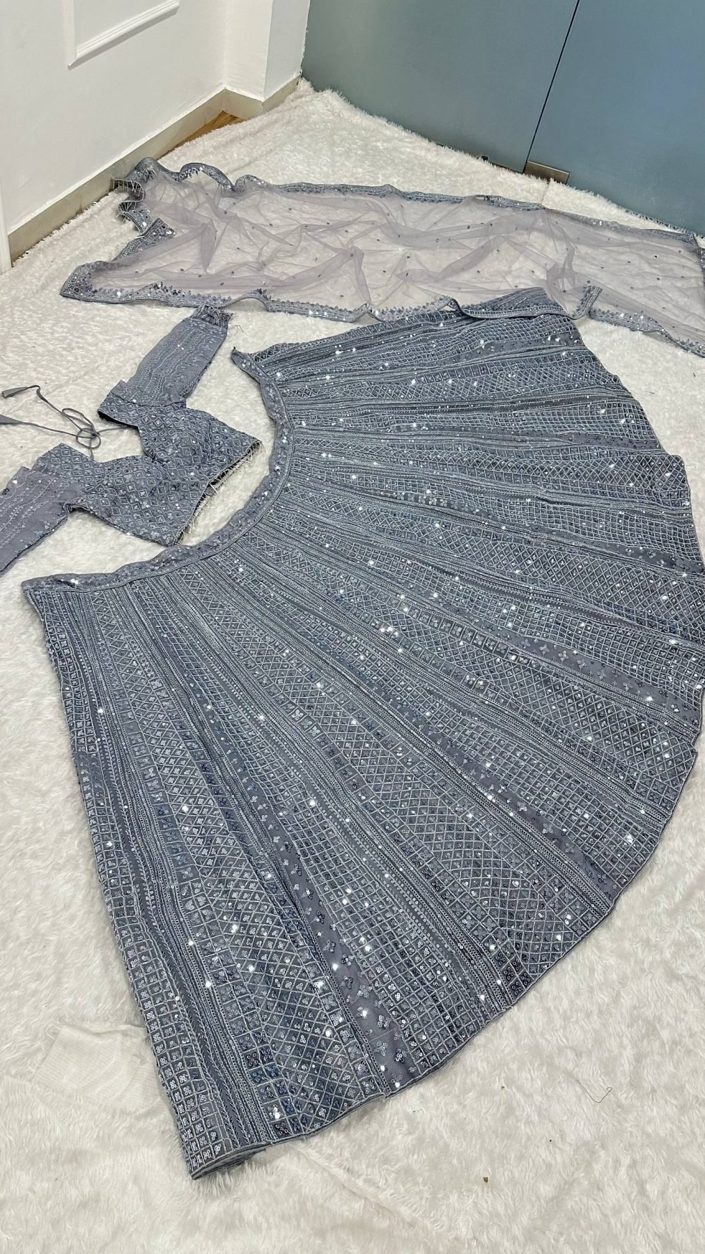 Gray Dori Sequin Wedding Lehenga Set — view 12