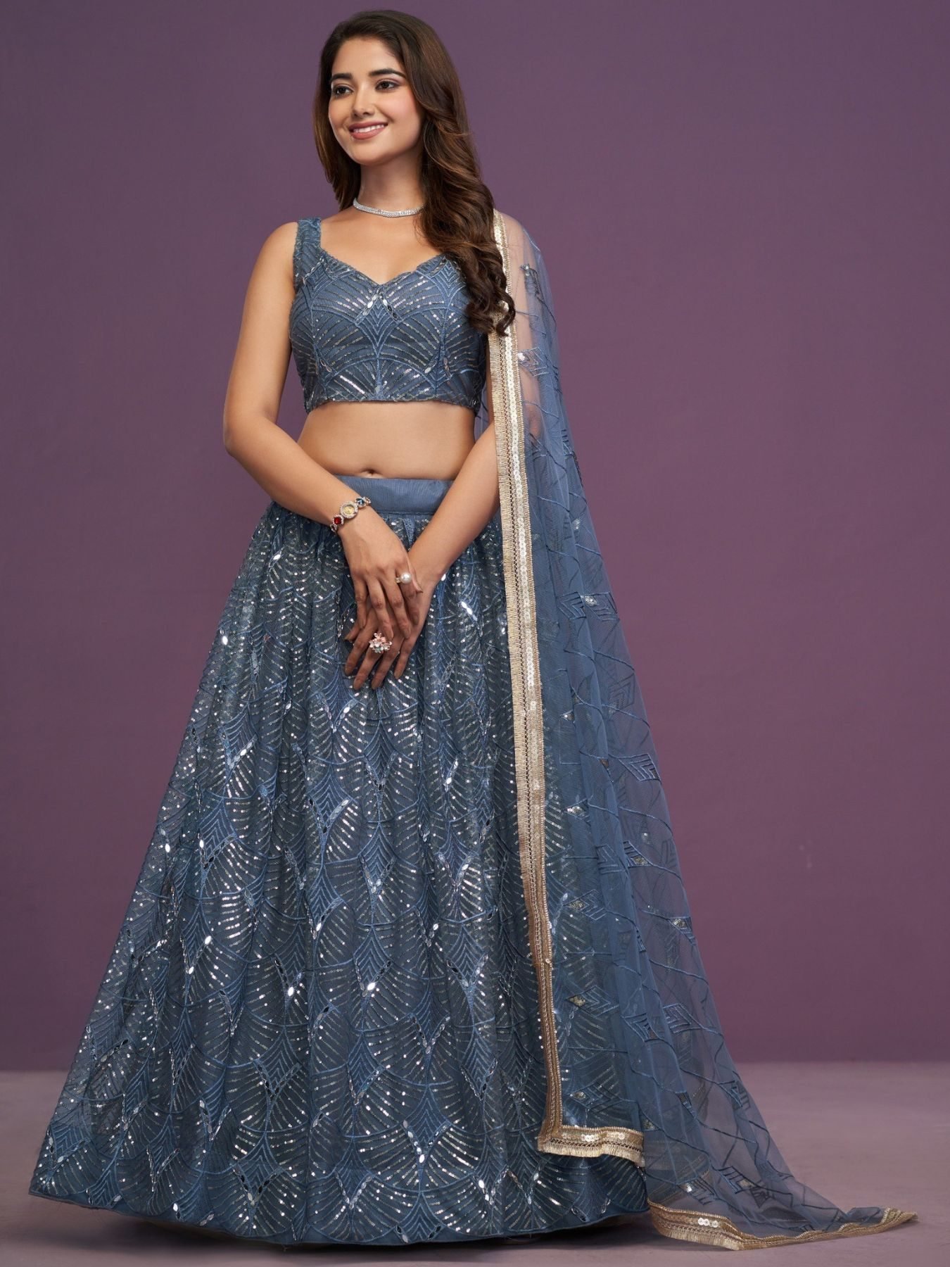 Blue Net Mirror Wedding Lehenga Set — view 1