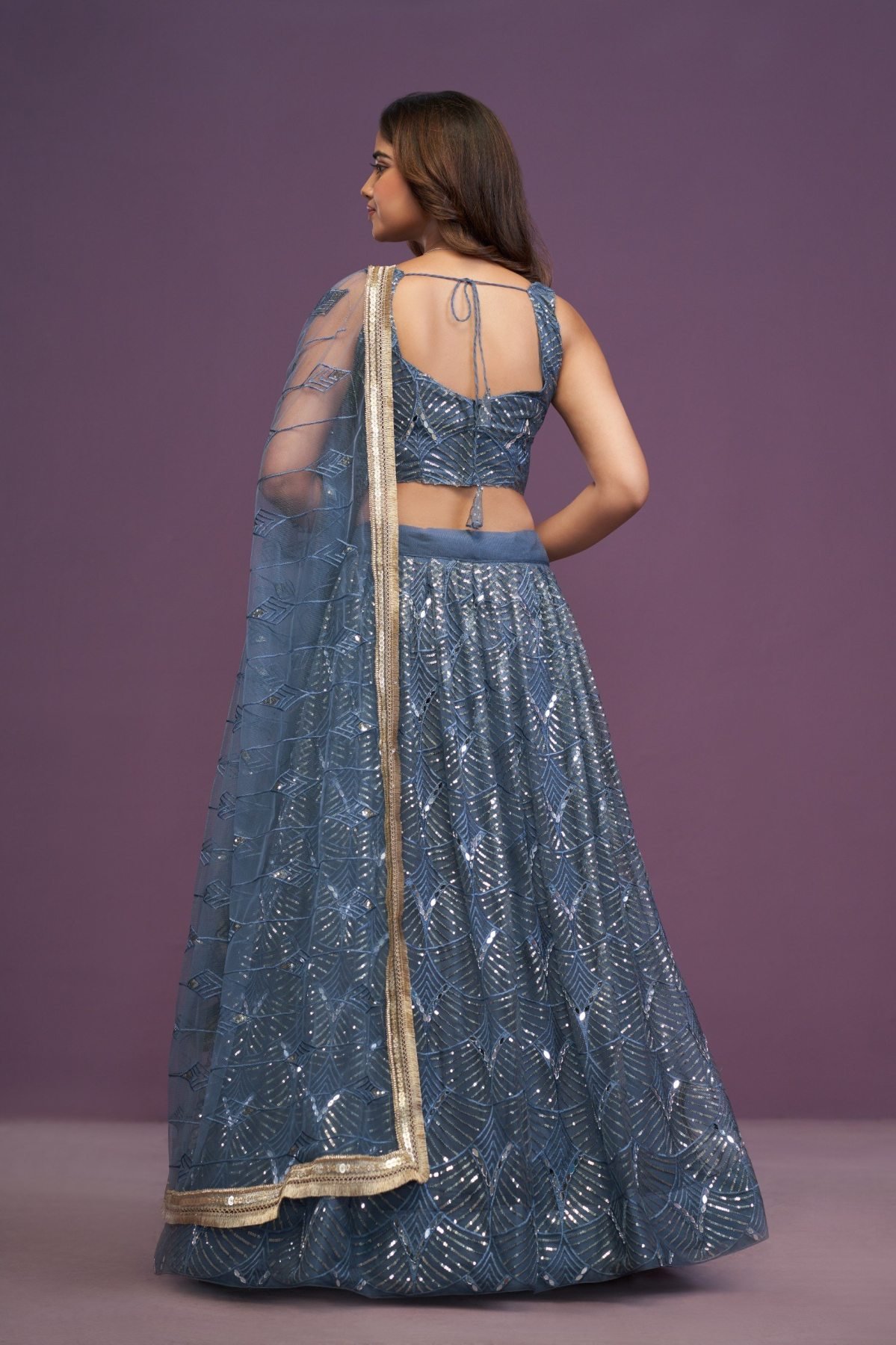 Blue Net Mirror Wedding Lehenga Set — view 4