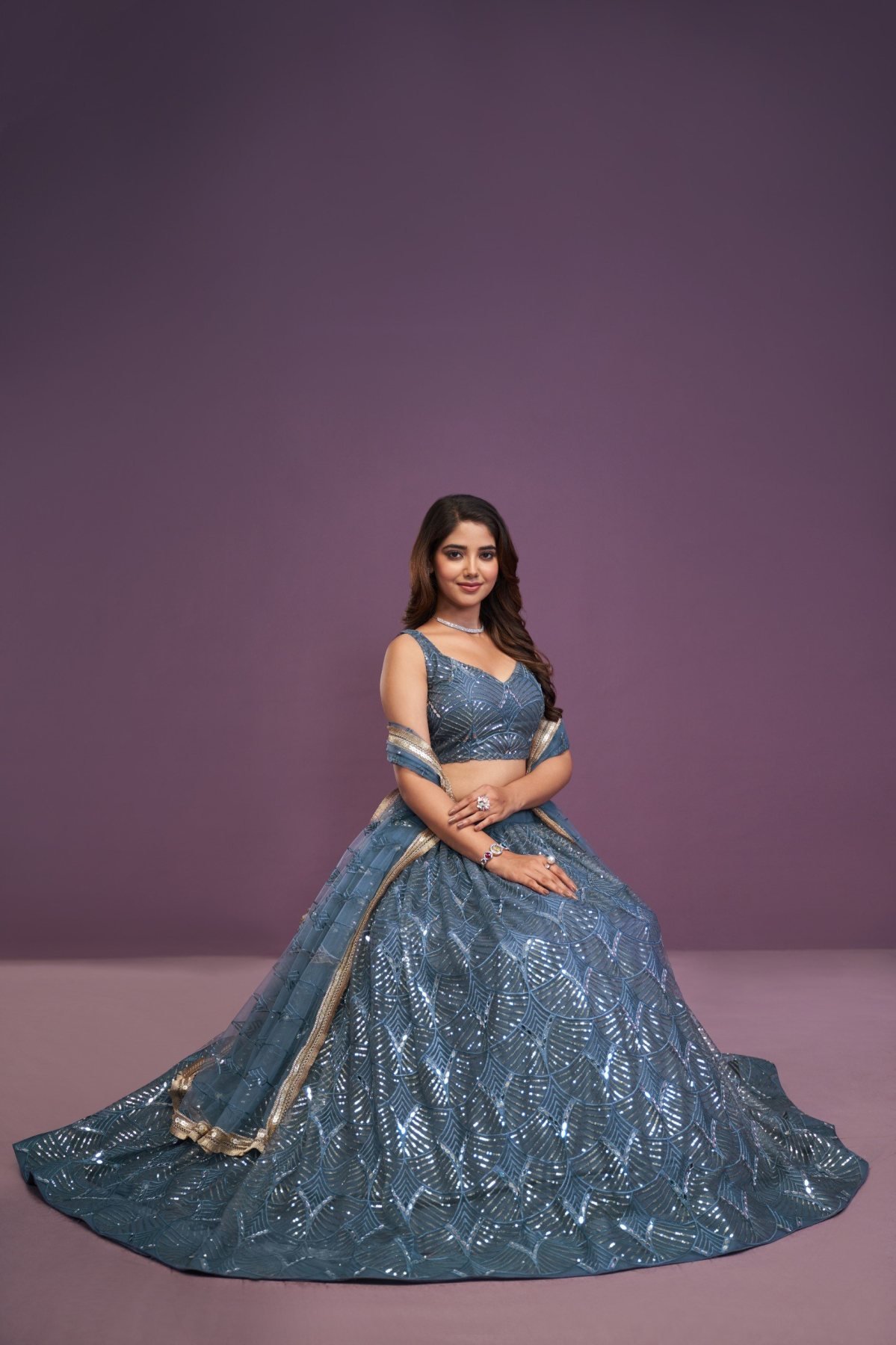 Blue Net Mirror Wedding Lehenga Set — view 5