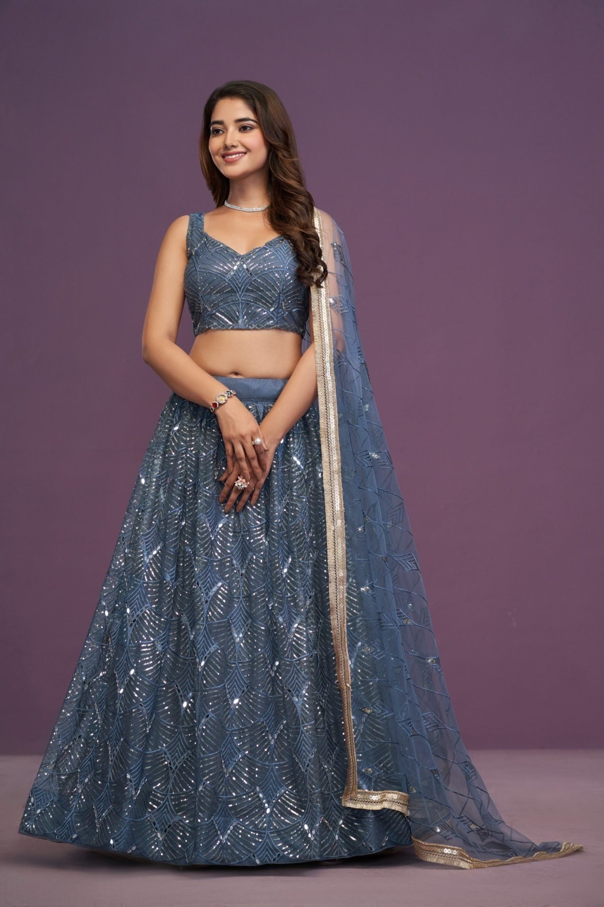 Blue Net Mirror Wedding Lehenga Set — view 6