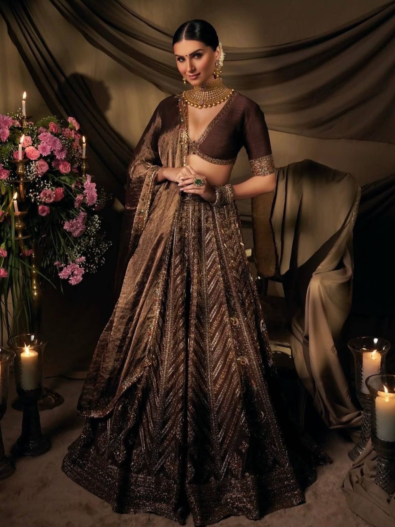 Brown Sequin Wedding Lehenga Set — view 1