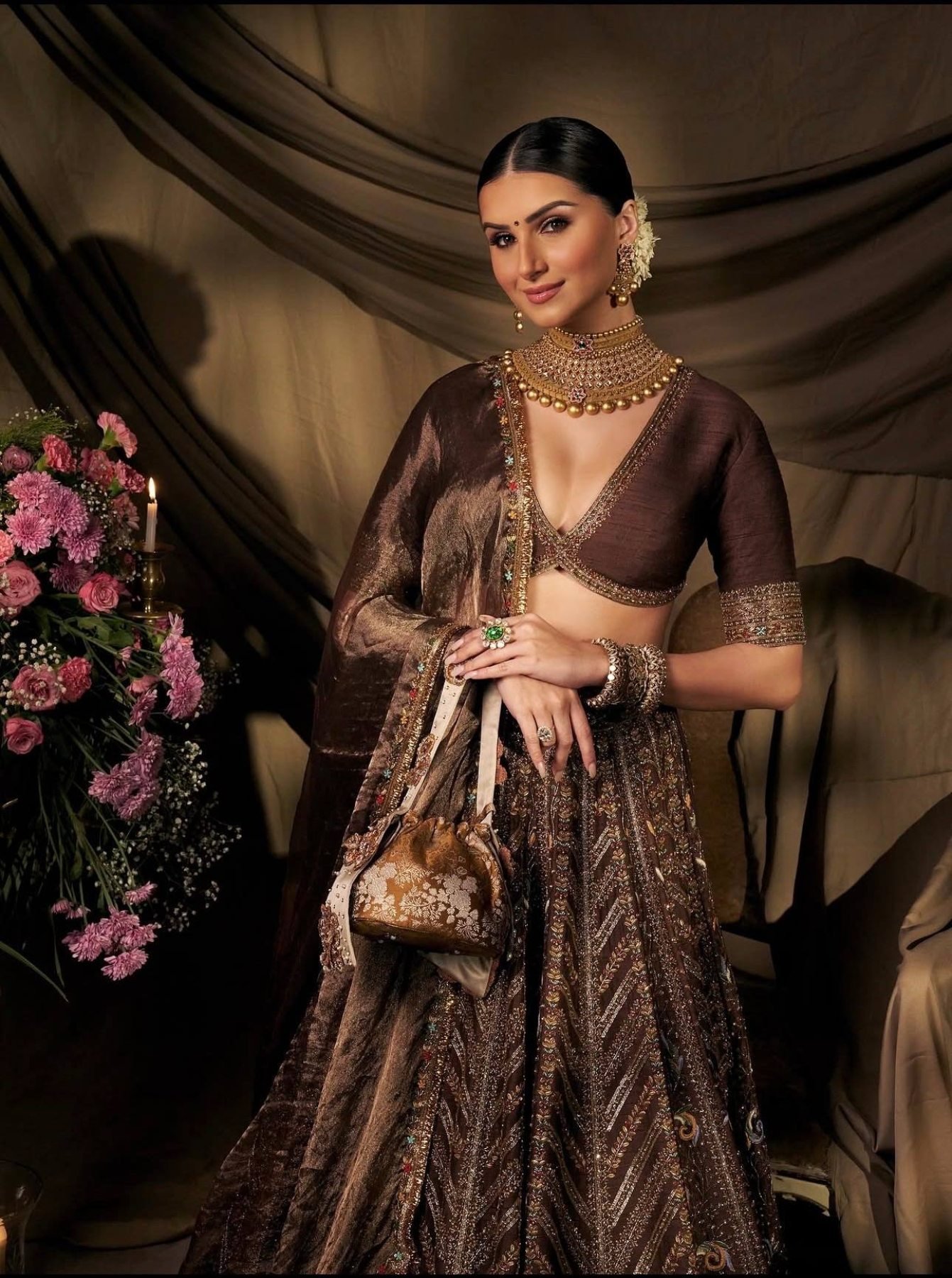 Brown Sequin Wedding Lehenga Set — view 3