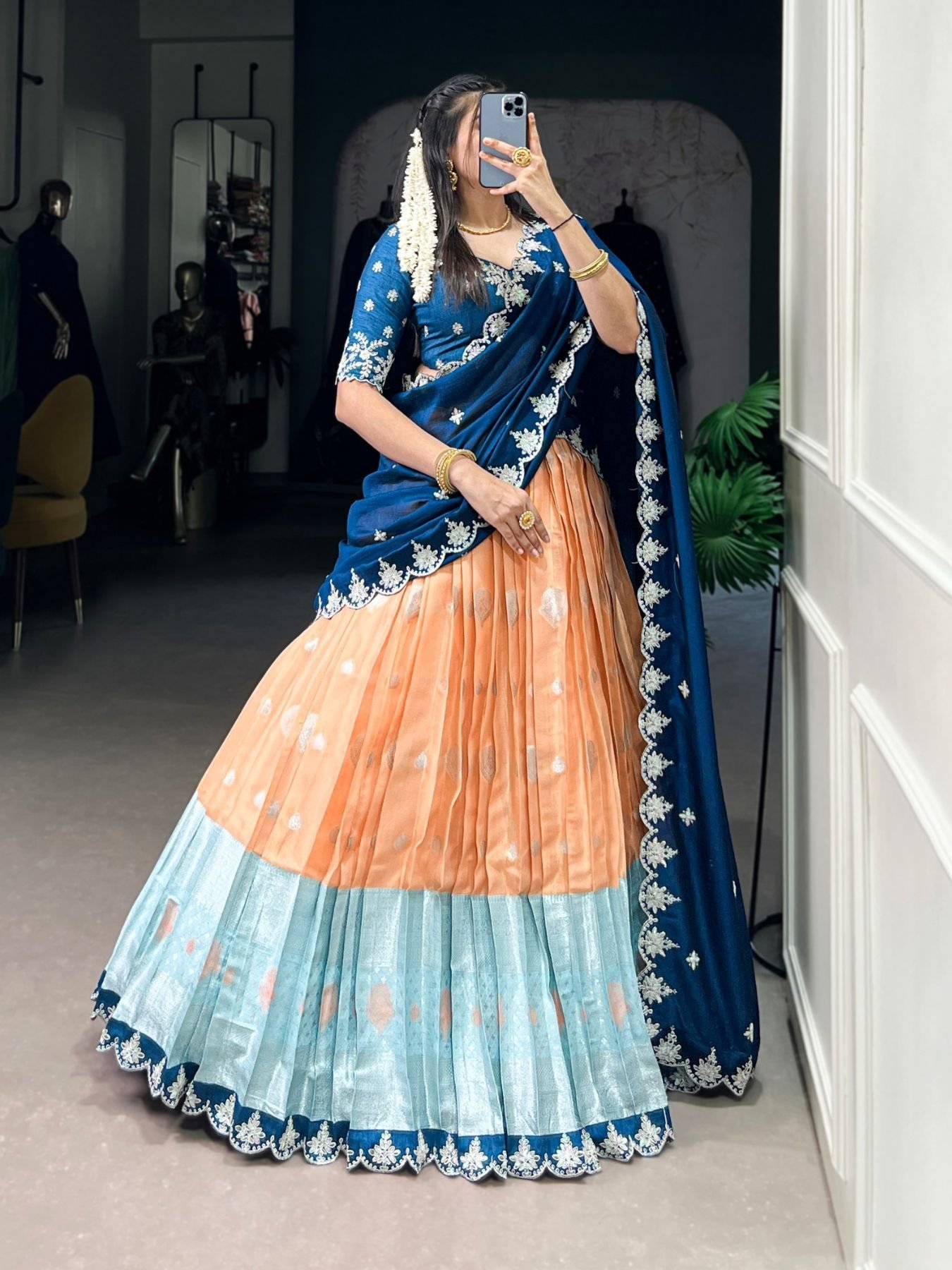 Orange Weaving Sequin Wedding Lehenga Set — view 1